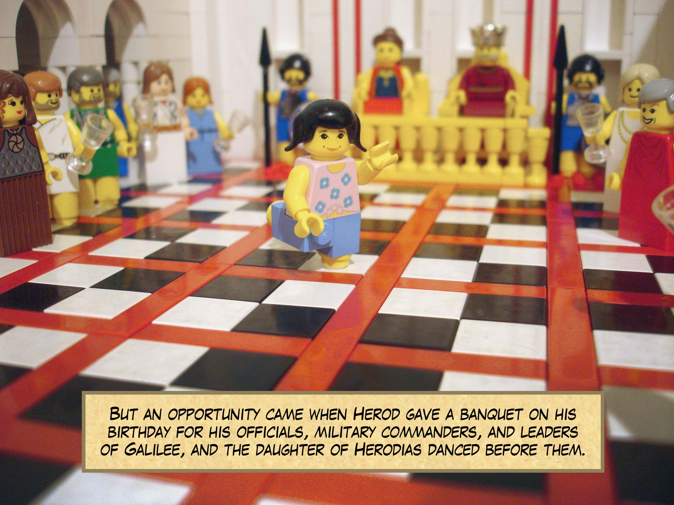 She pleased Herod and his dinner guests, and the king said to the girl, 'Ask me for whatever you want and I will give it to you, up to half my kingdom.'