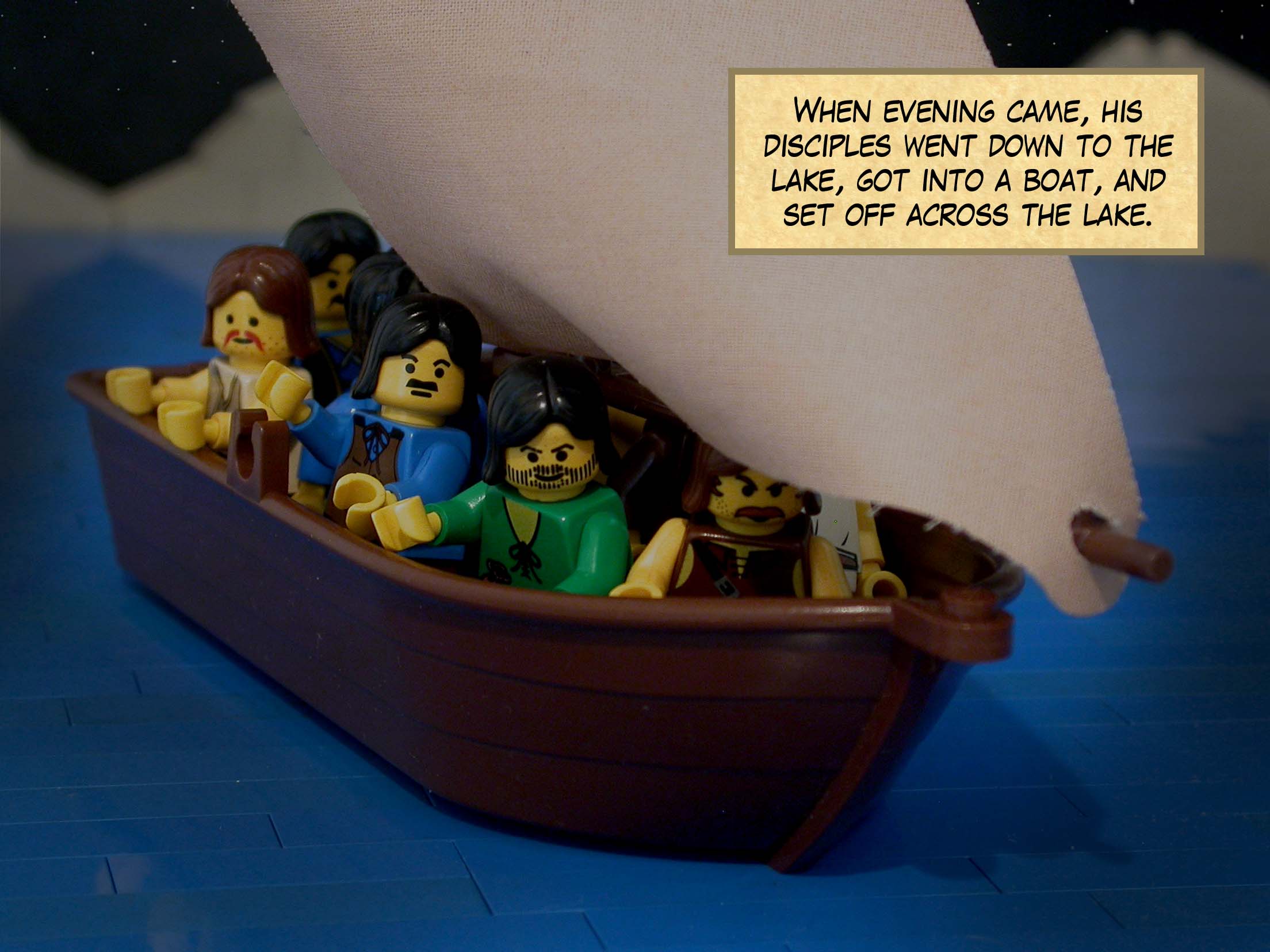 When evening came, his disciples went down to the lake, got into a boat and set off across the lake for Capernum.<br>