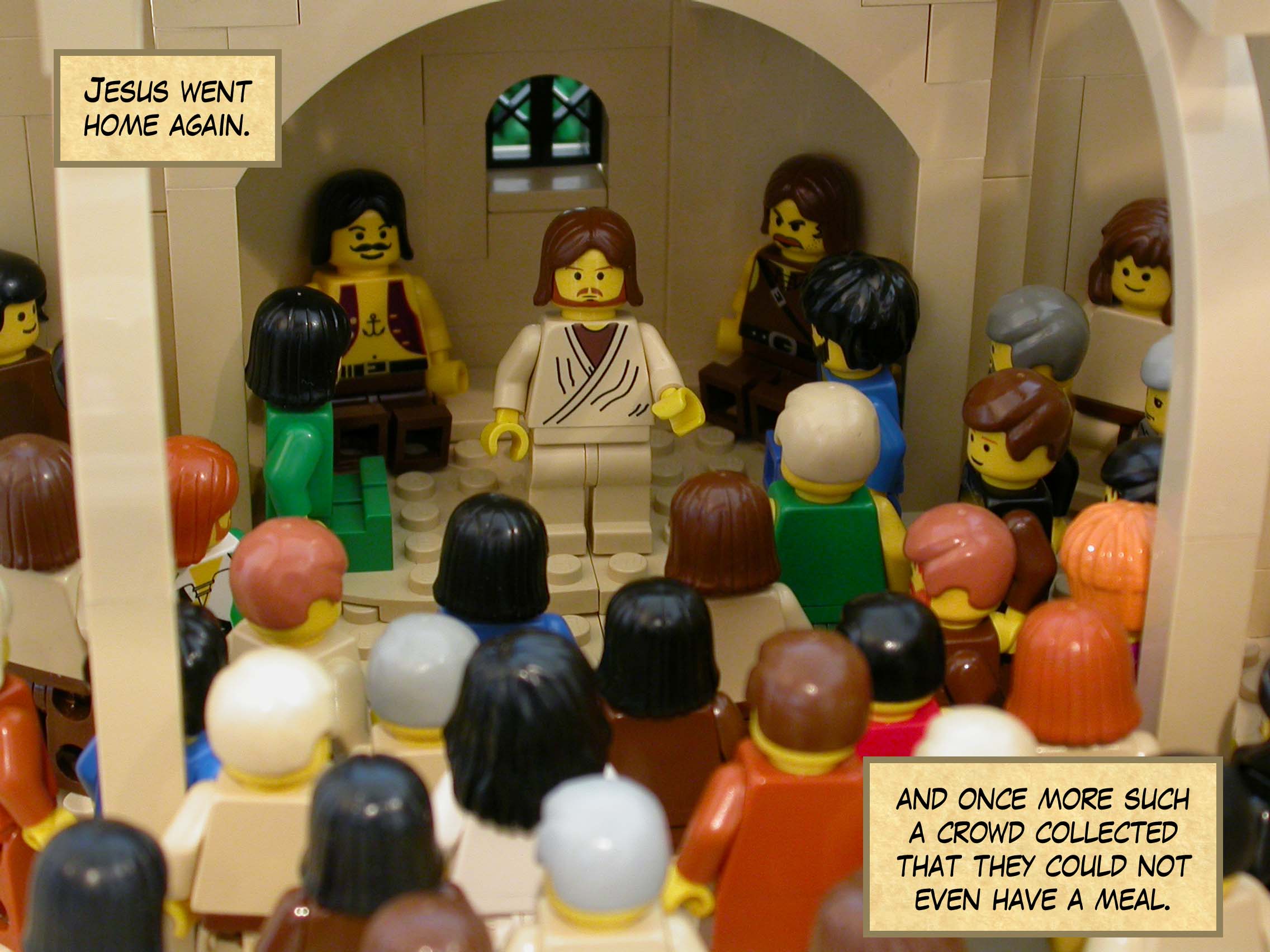 Jesus went home again, and once more such a crowd collected that they could not even have a meal.<br>