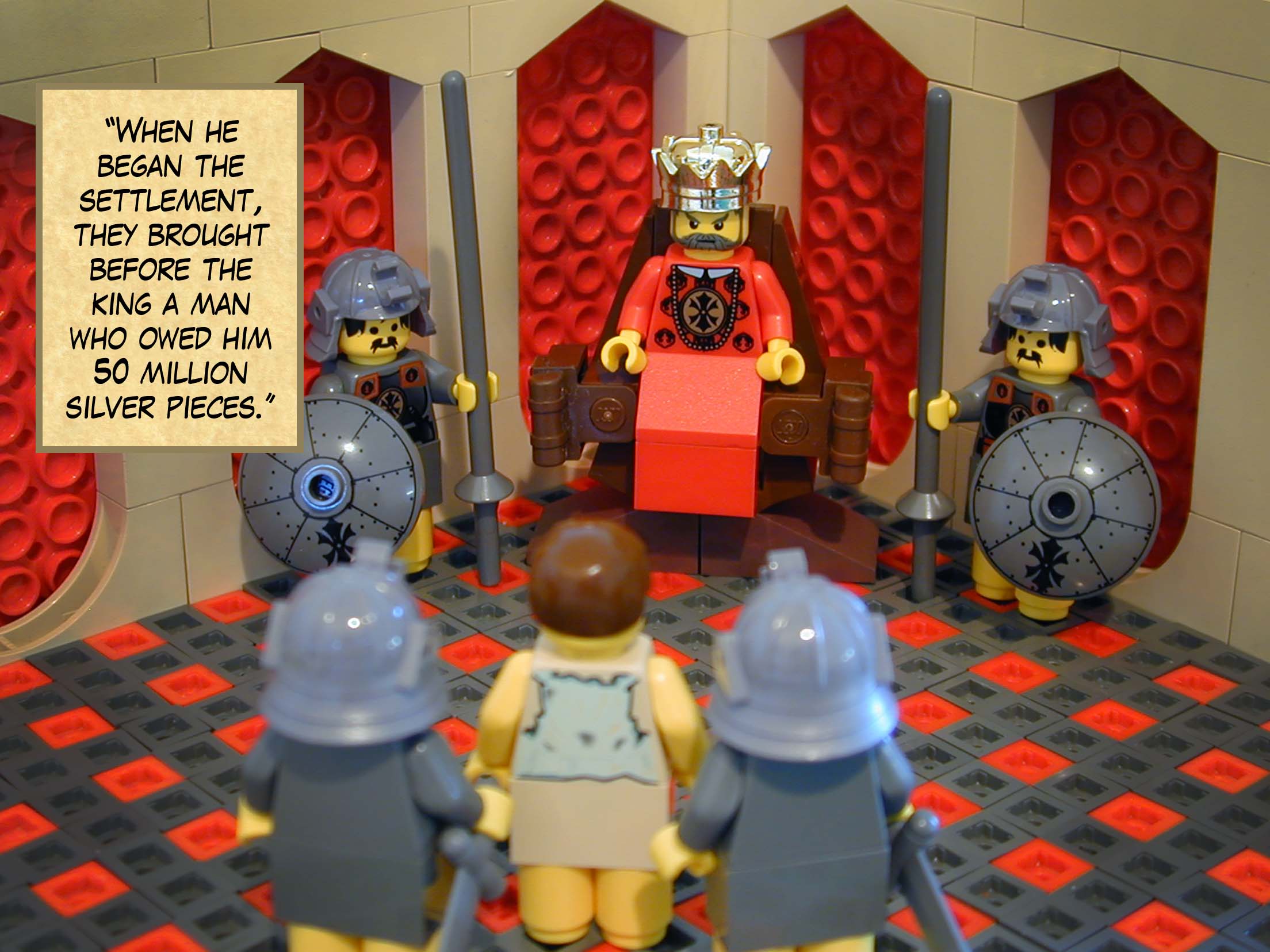 'Since he was unable to repay, the master ordered that the man be sold, along with his wife, children, and all his possessions, so that his debt could be paid.'<br>