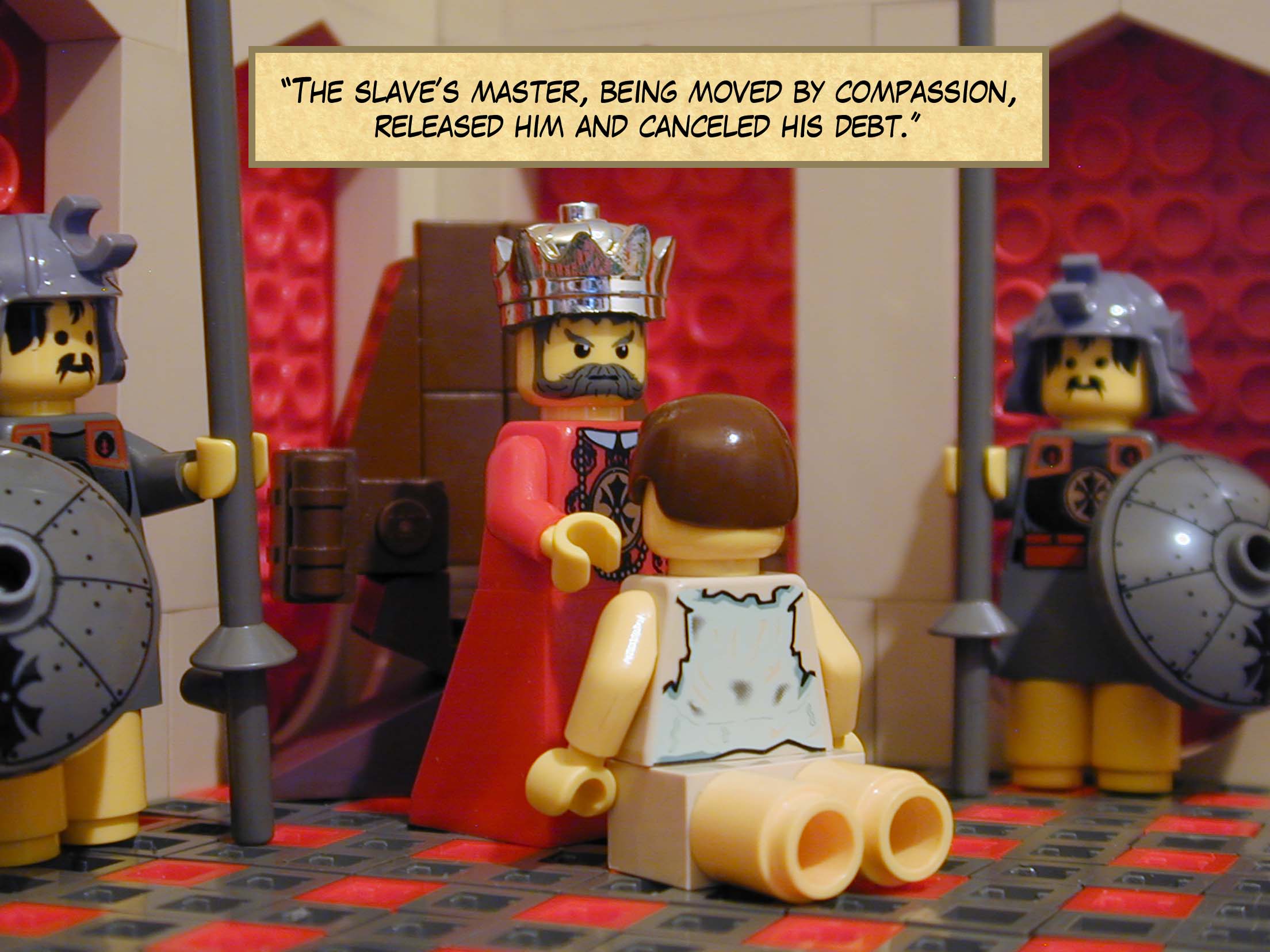 'After leaving, the slave found one of his fellow slaves who owed him one hundred silver pieces, grabbed him by the throat and said, "Pay what you owe me!".'<br>