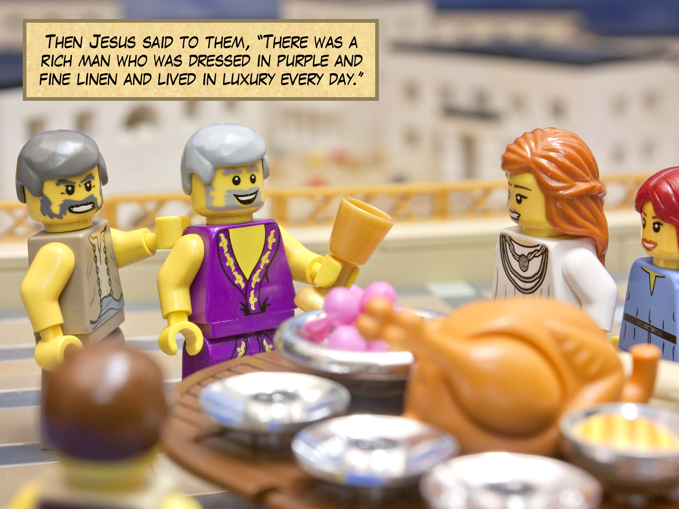 Then Jesus said to them, 'There was a rich man who was dressed in purple and fine linen and lived in luxury every day.'<br>