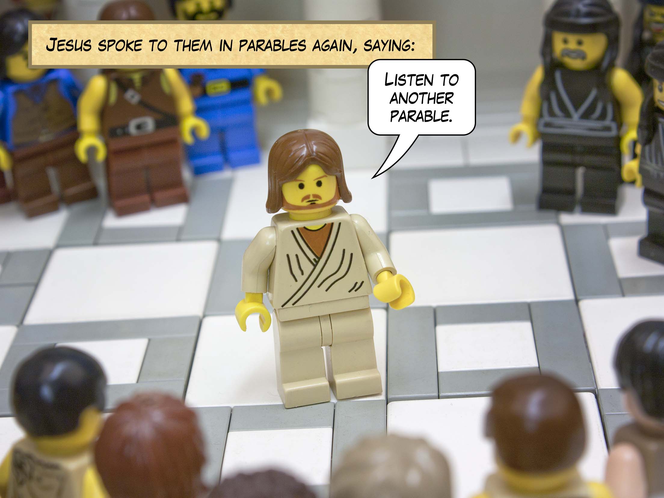 Jesus started to speak to them in parables again: 'The kingdom of Heaven may be compared to a king who gave a wedding banquet for his son.'<br>