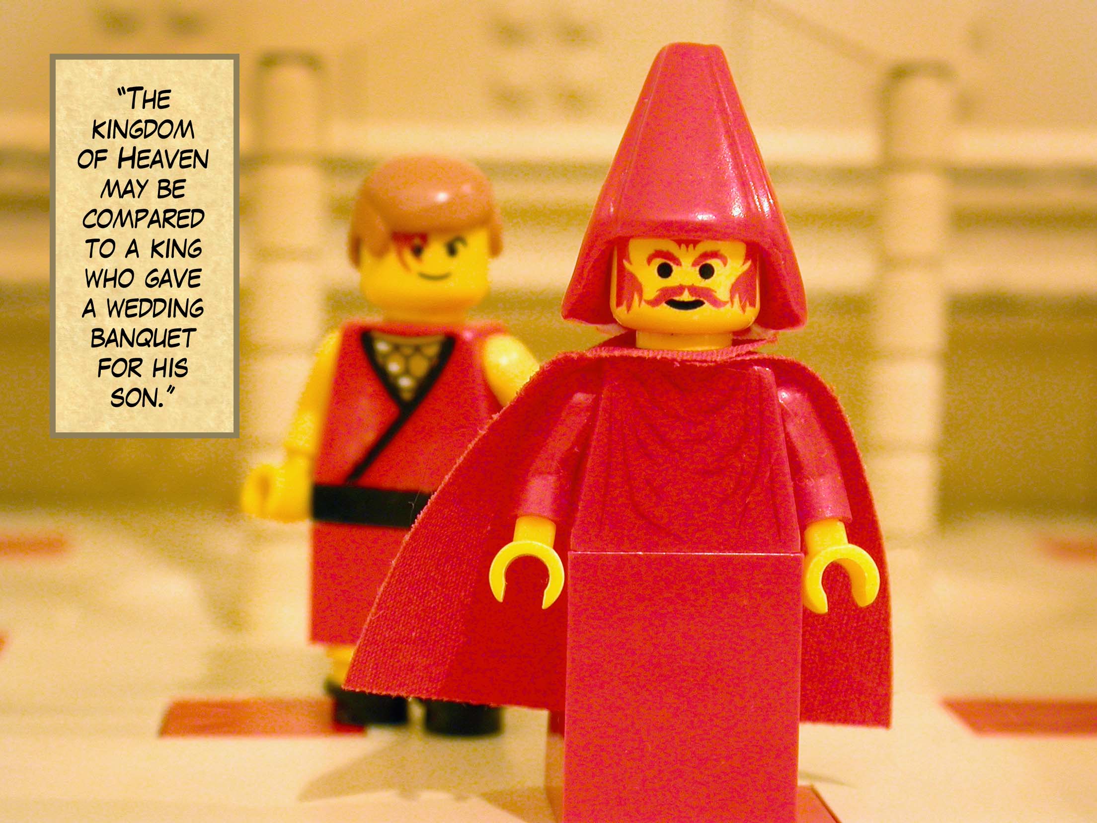 'He invited a large number of people, and when the time for the banquet came, he sent his slave to say to those who had been invited, "Look, the banquet is ready. My oxen and fattened cattle have been slaughtered. Everything is prepared. Come to the wedding."'<br>