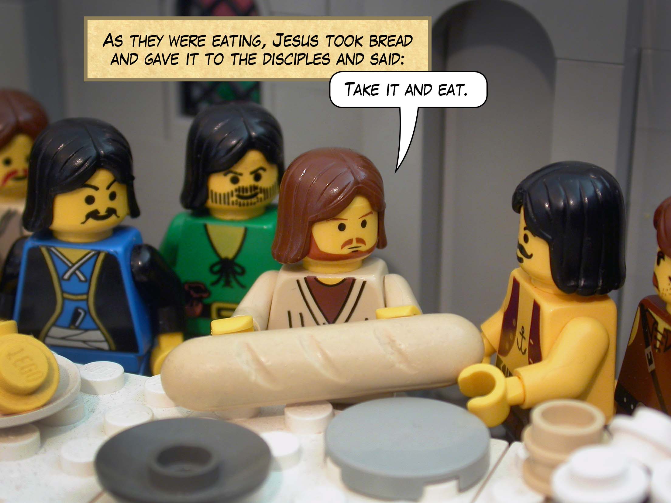 As they were eating, Jesus took bread and gave it to the disciples. 'Take it and eat,' he said.