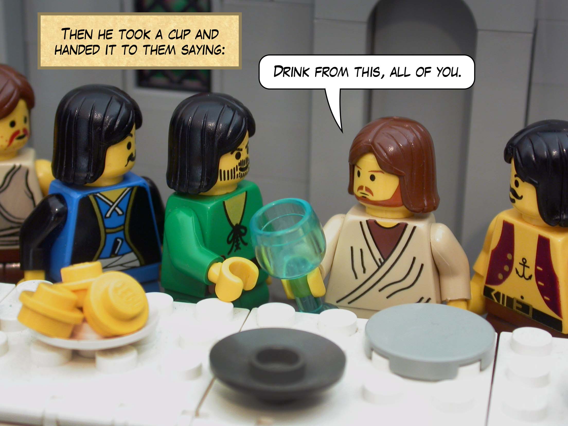Then he took a cup, and handed it to them saying, 'Drink from this, all of you.'