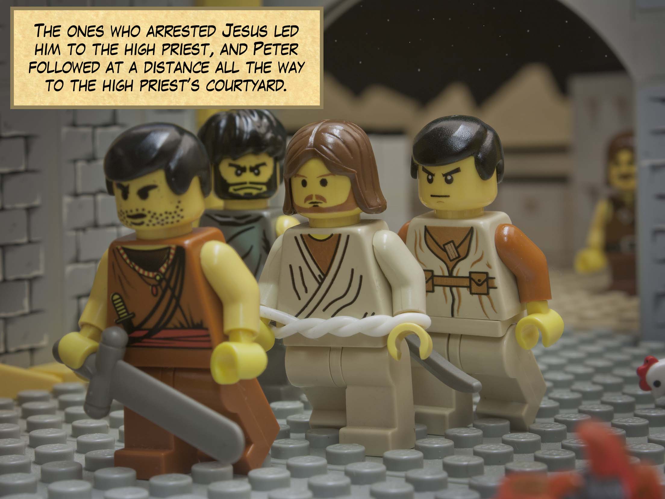 Simon Peter and another disciple followed Jesus. Since that disciple was known to the high priest, he went with Jesus into the courtyard of the high priest, but Peter was standing outside at the gate.