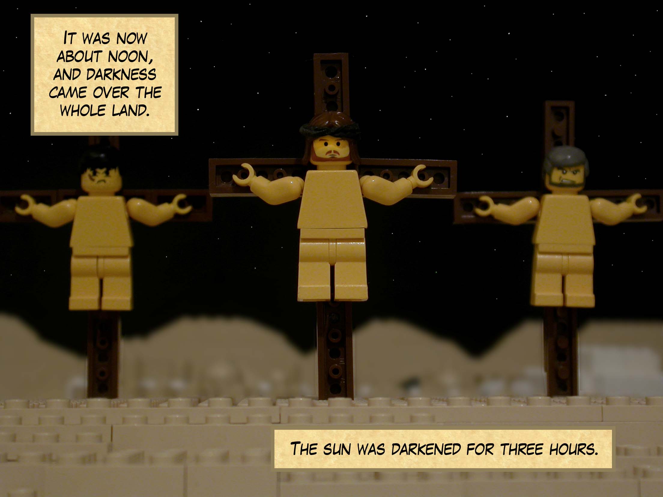 It was now about noon, and darkness came over the whole land until 3 PM, and the sun was darkened.