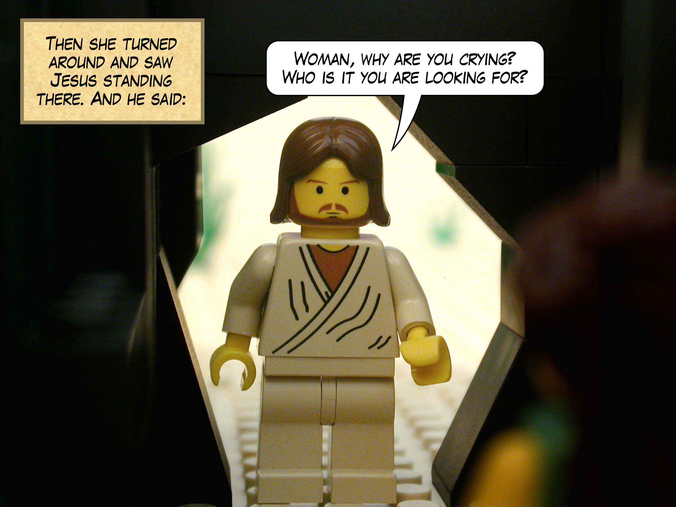 While they were perplexed about this, suddenly two men in gleaming clothes stood beside them and said, 'Why do you look for the living among the dead? He is not here, he has risen!'