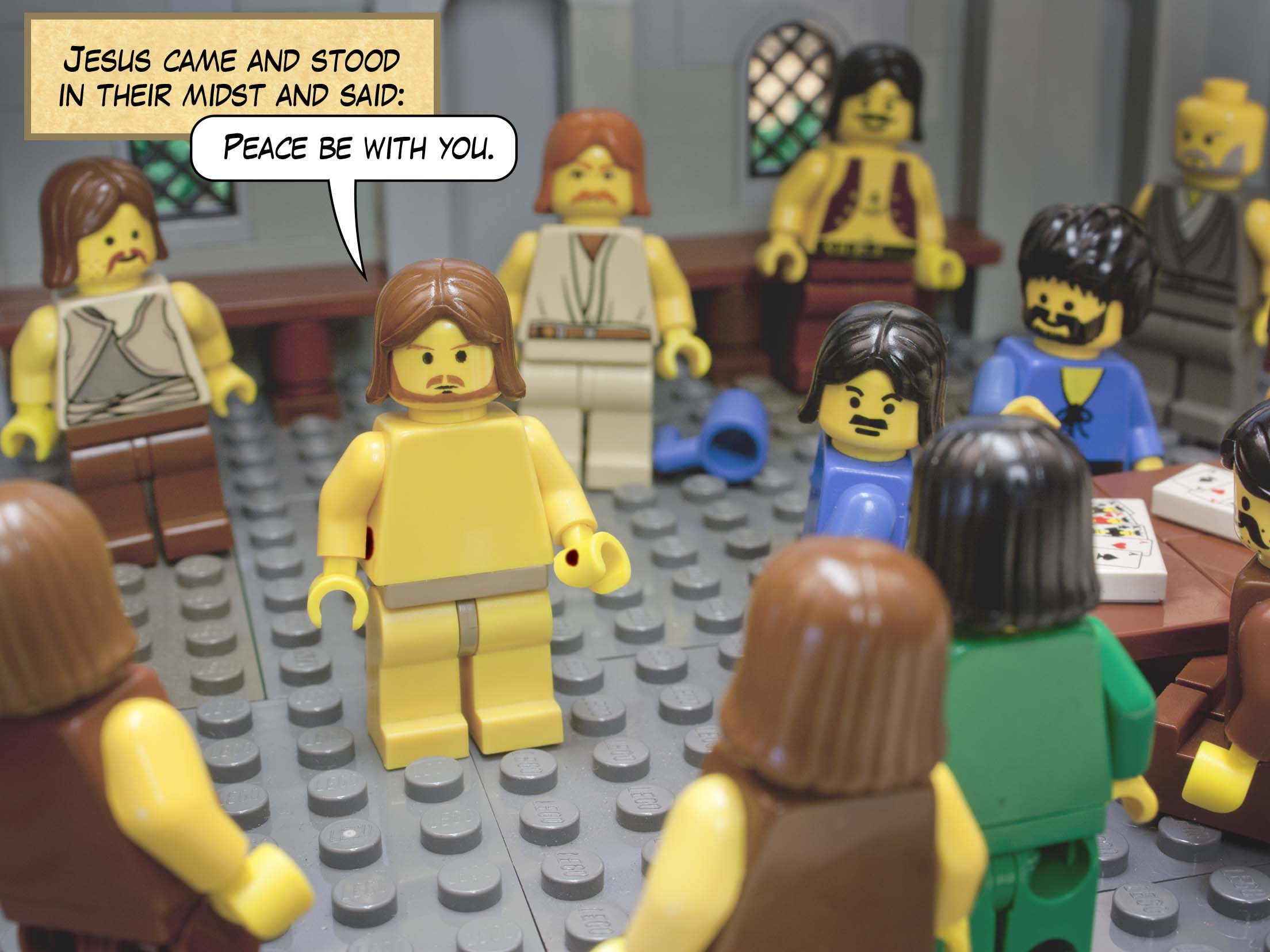 A week later his disciples were again in the house, and Thomas was with them. Although the doors were shut, Jesus came and stood among them and said, 'Peace be with you.'