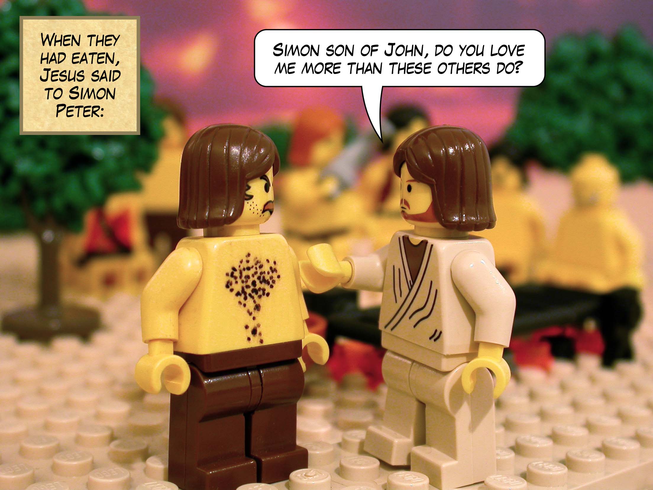 When they had eaten, Jesus said to Simon Peter, 'Simon son of John, do you love me more than these others do?'<br>