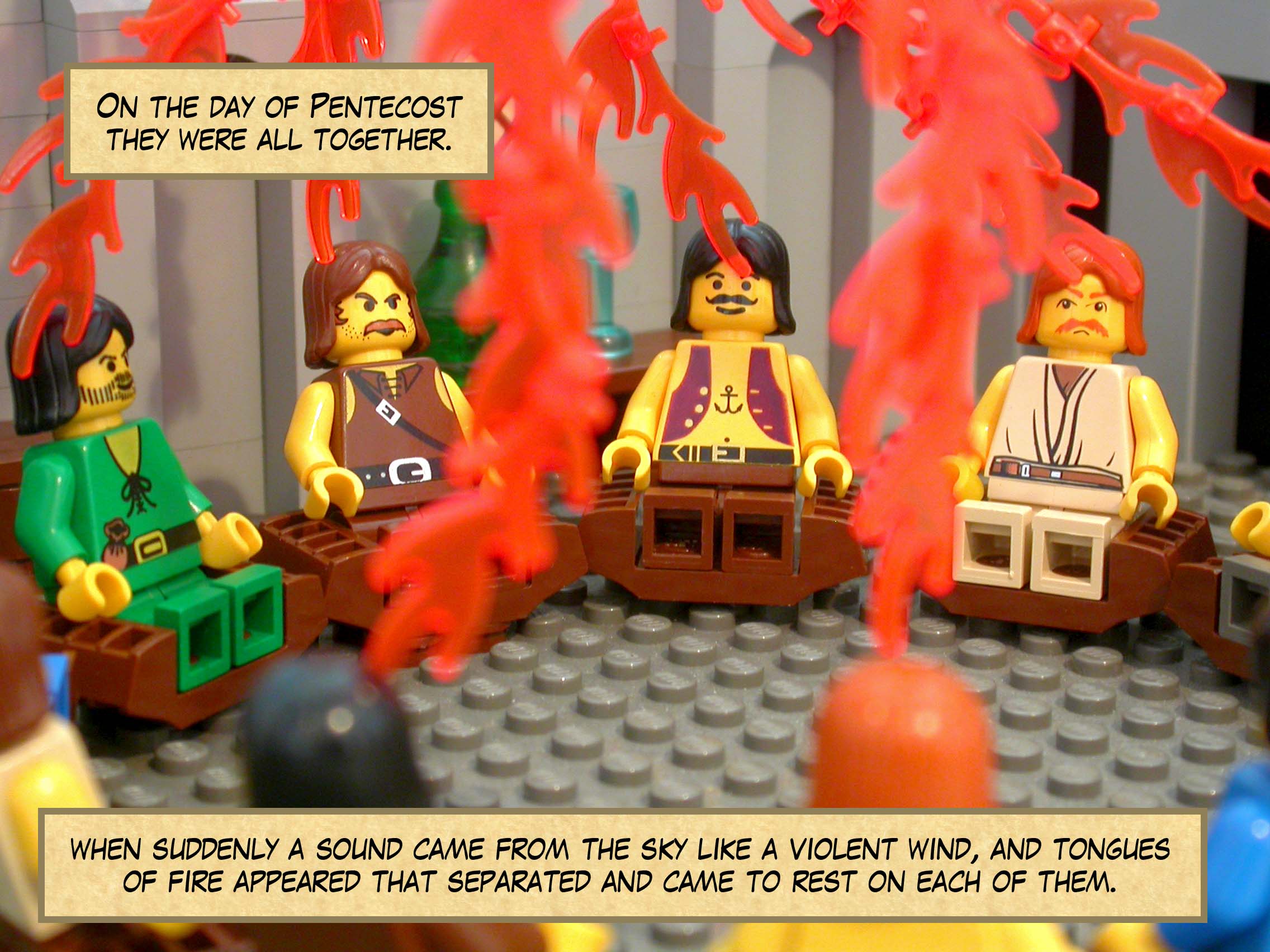 When the day of Pentecost came, they were all together when suddenly a sound came from the sky like a violent wind, and tongues of fire appeared that separated and came to rest on each of them.