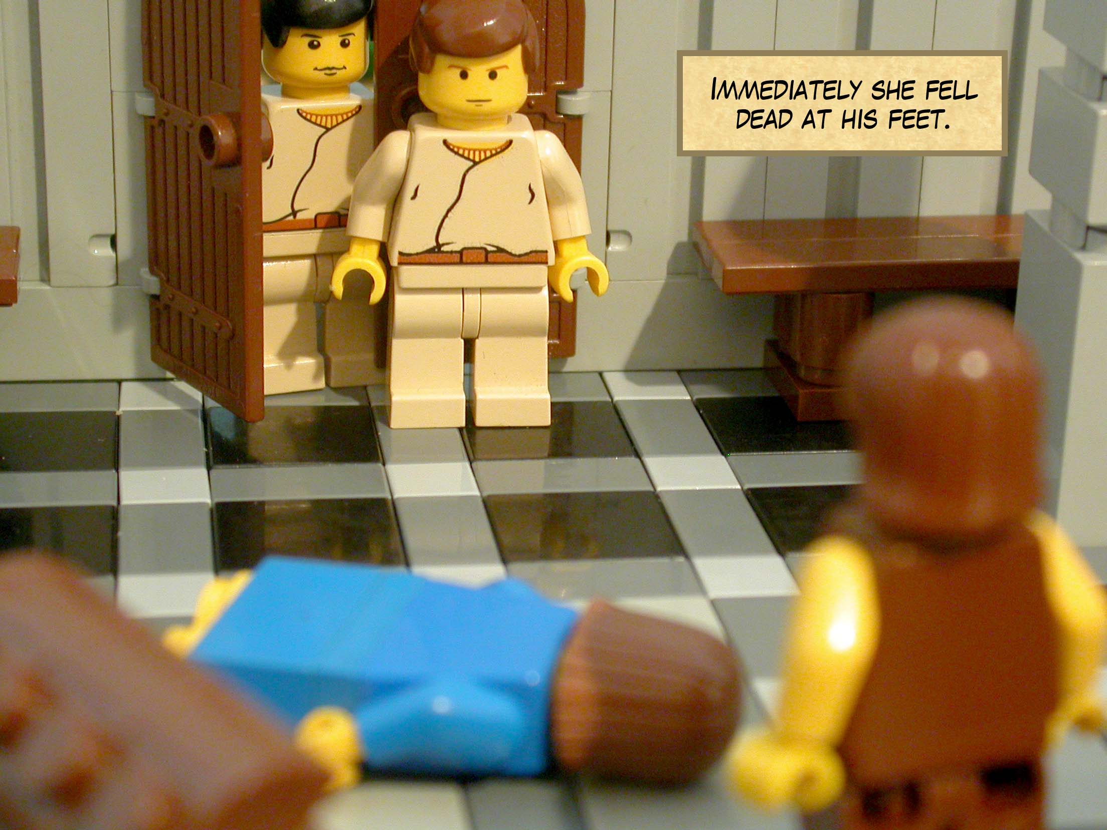 Immediately she fell dead at his feet.