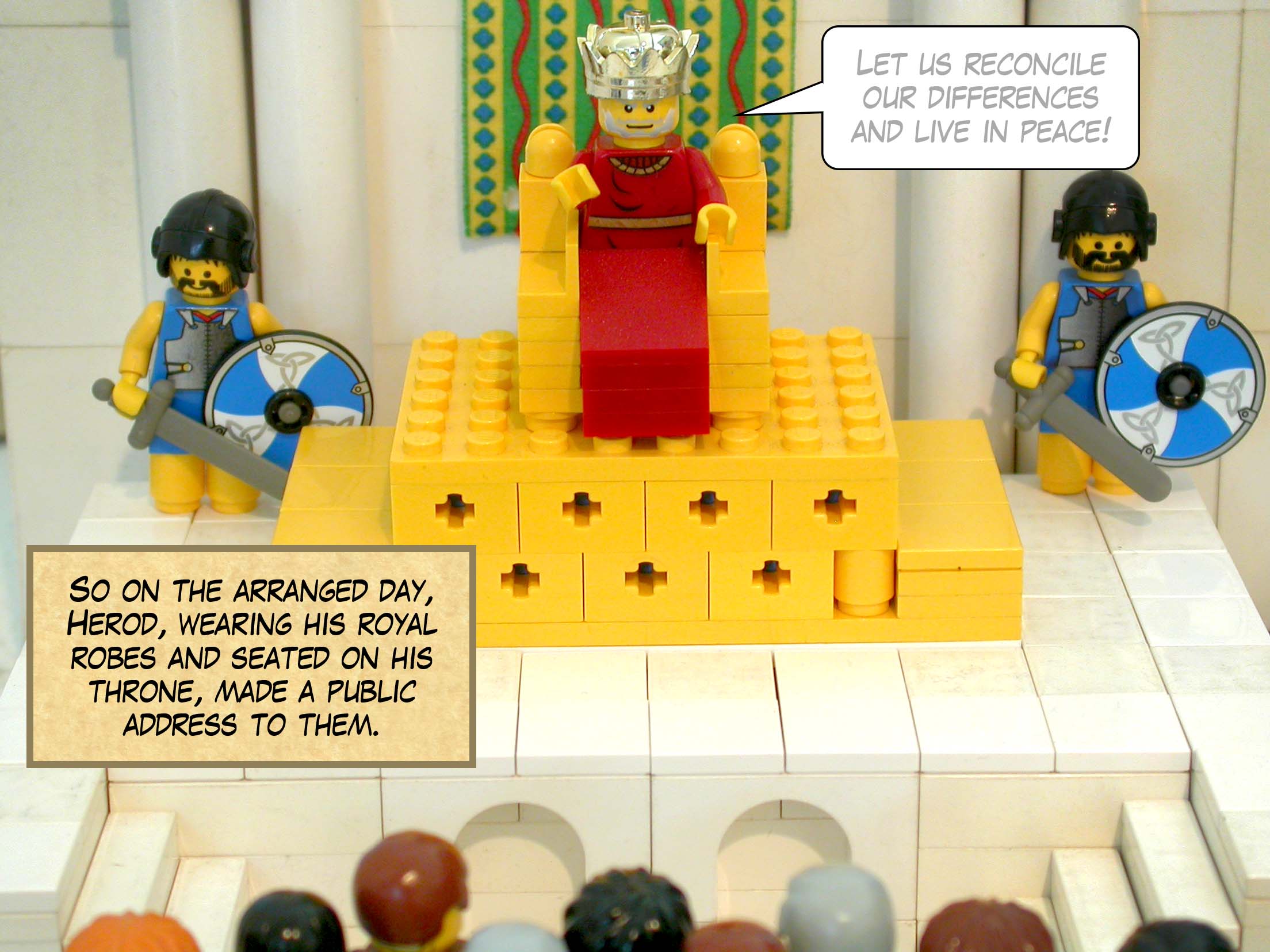 So on the arranged day, Herod, wearing his royal robes and seated on his throne, made a public address to them.