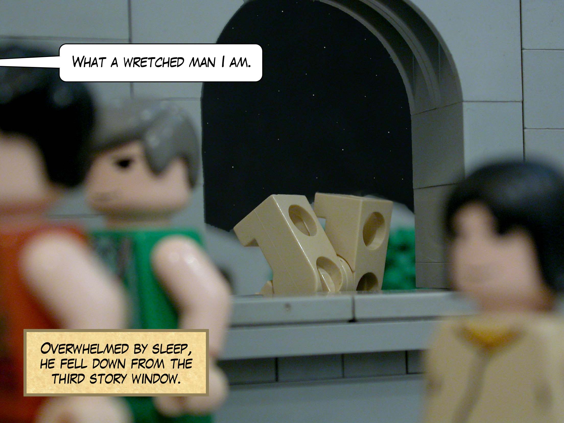 Overwhelmed by sleep, he fell down from the third story window.