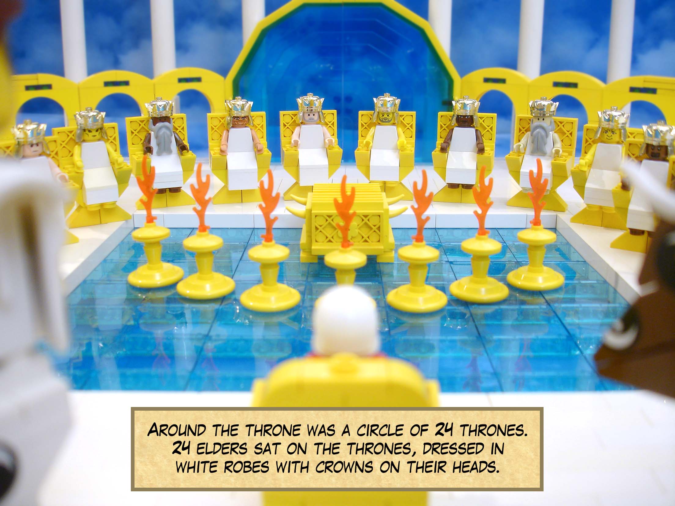 Around the throne was a circle of twenty-four thrones. Twenty-four elders sat on the thrones, dressed in white robes with crowns on their heads.