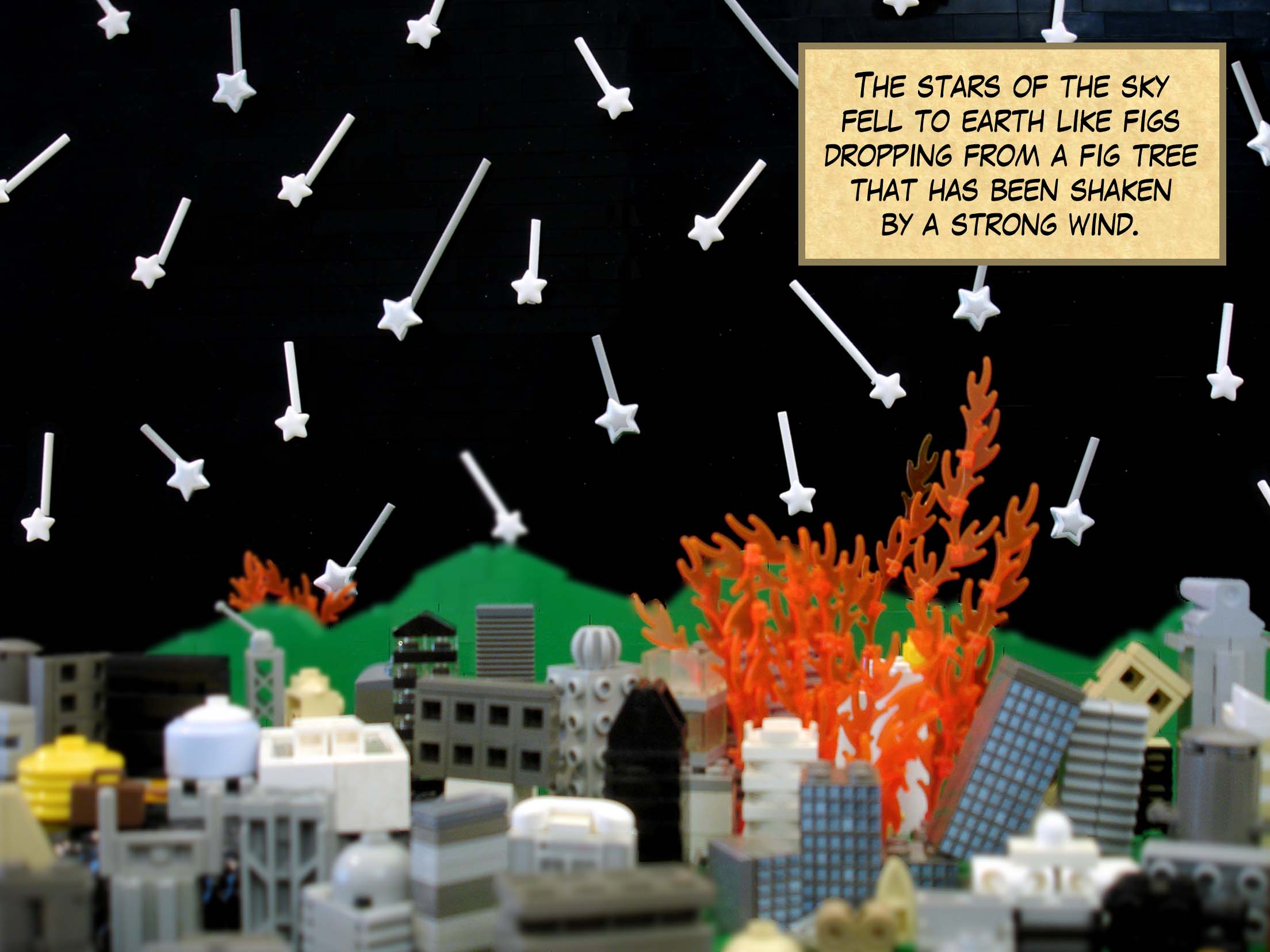 The stars of the sky fell to earth like figs dropping from a fig tree that has been shaken by a strong wind.