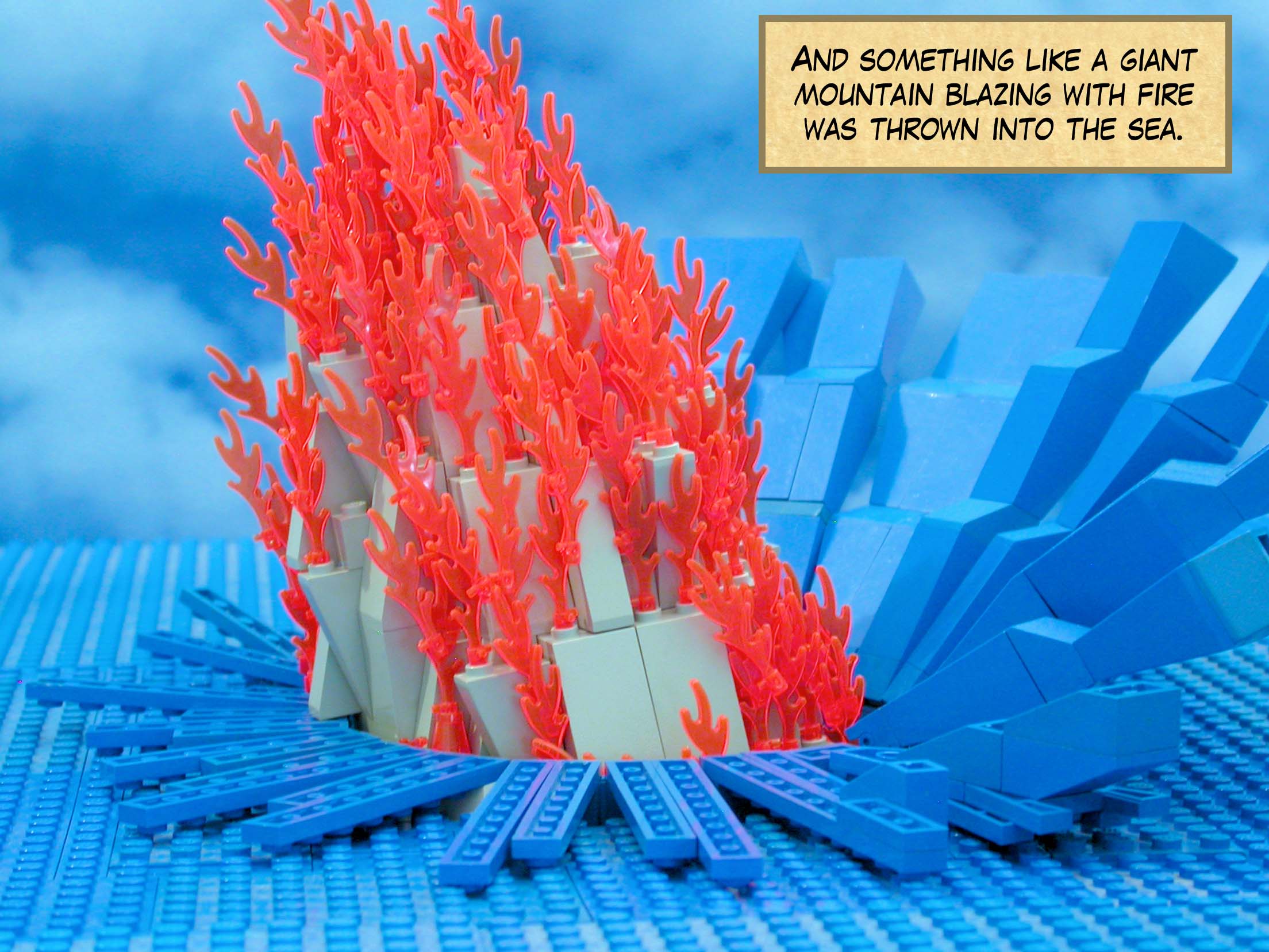 And something like a giant mountain blazing with fire was thrown into the sea.