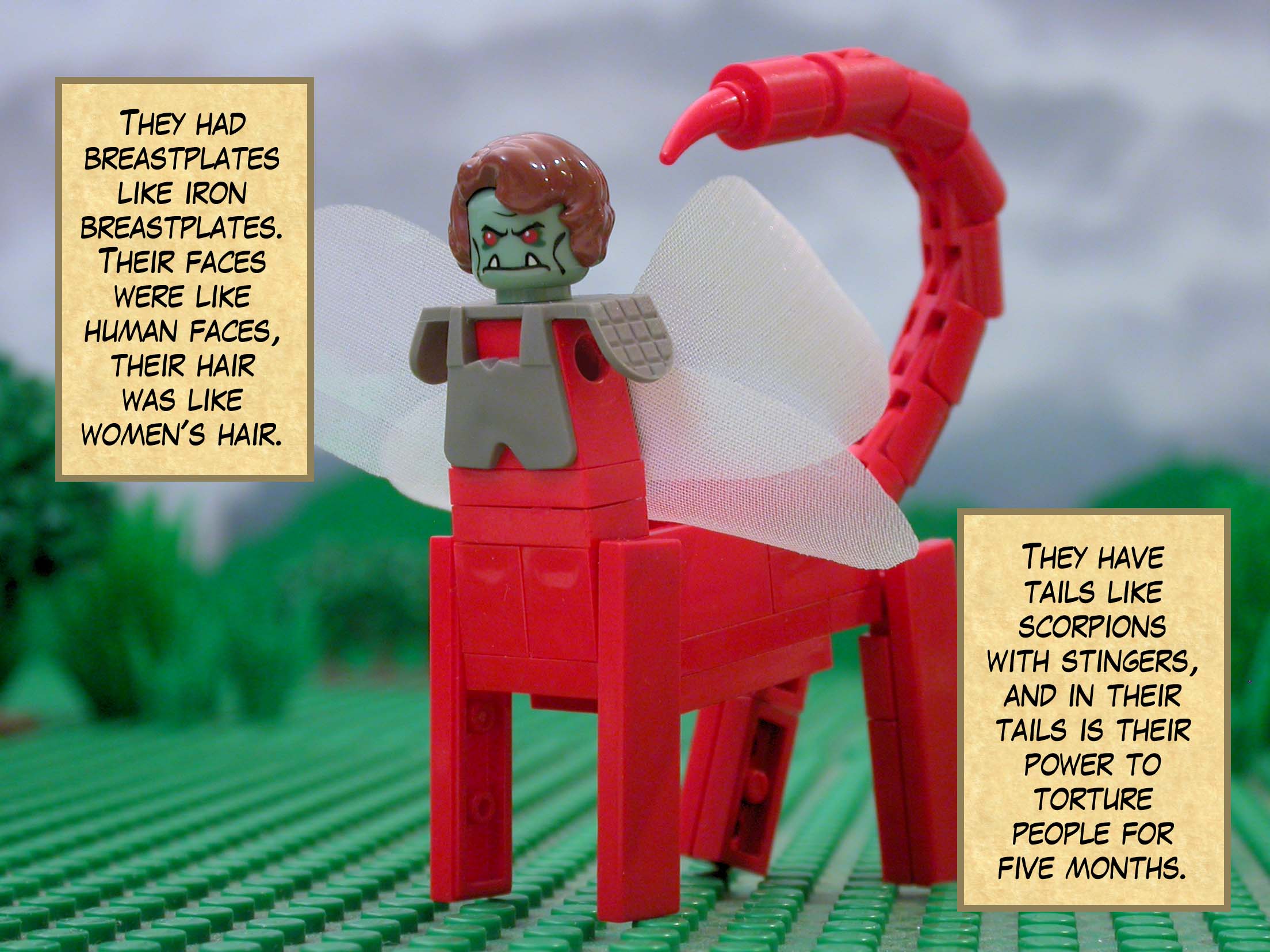 They have tails like scorpions with stingers, and in their tails is their power to torture people for five months.<br>