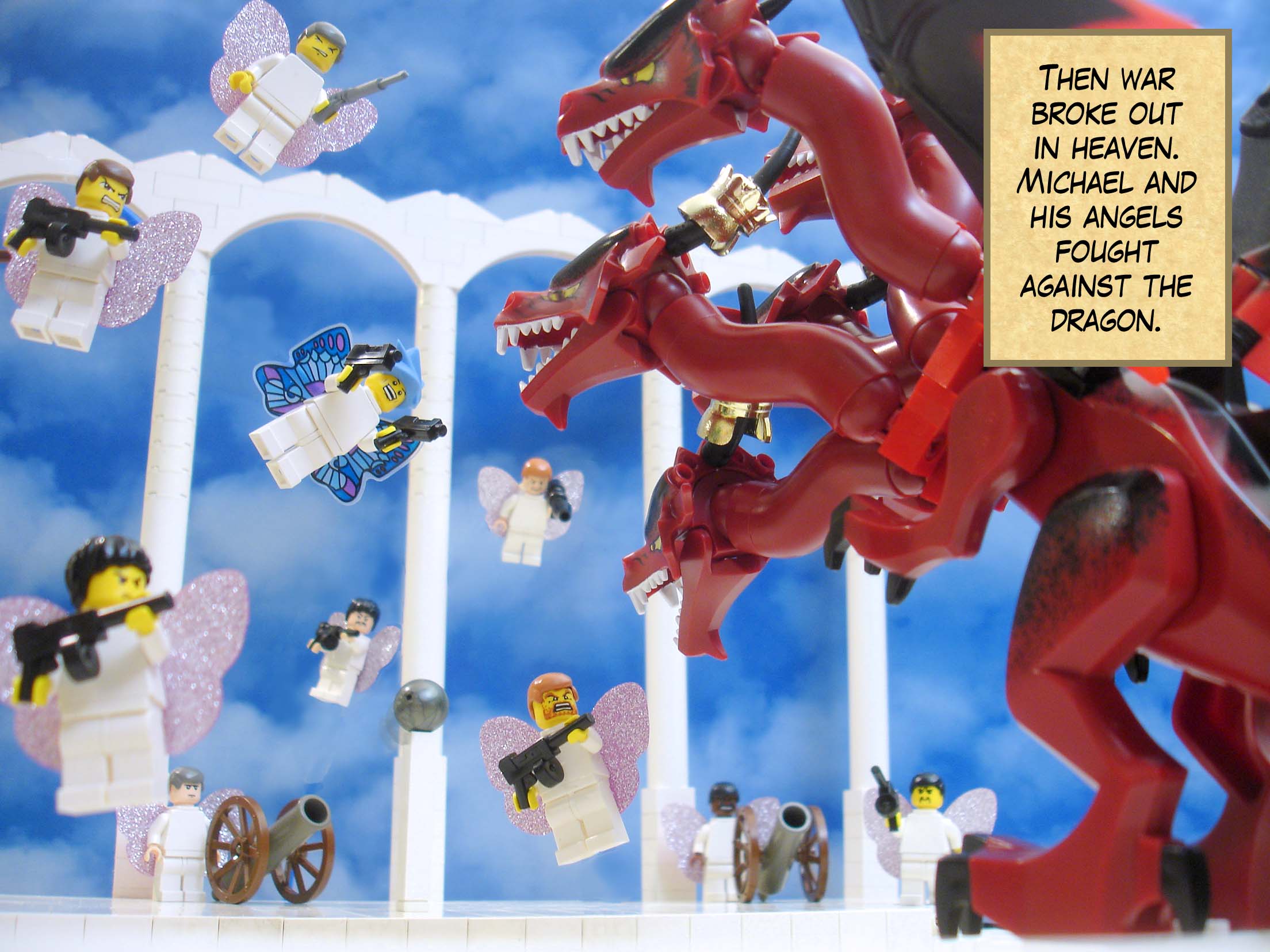Then war broke out in heaven. Michael and his angels fought against the dragon.