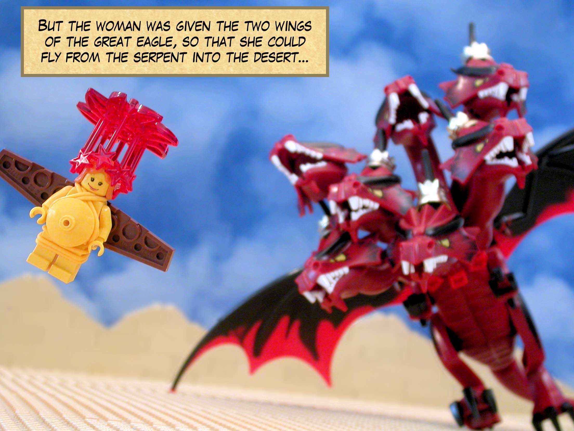 But the woman was given the two wings of the great eagle, so that she could fly from the serpent into the desert...