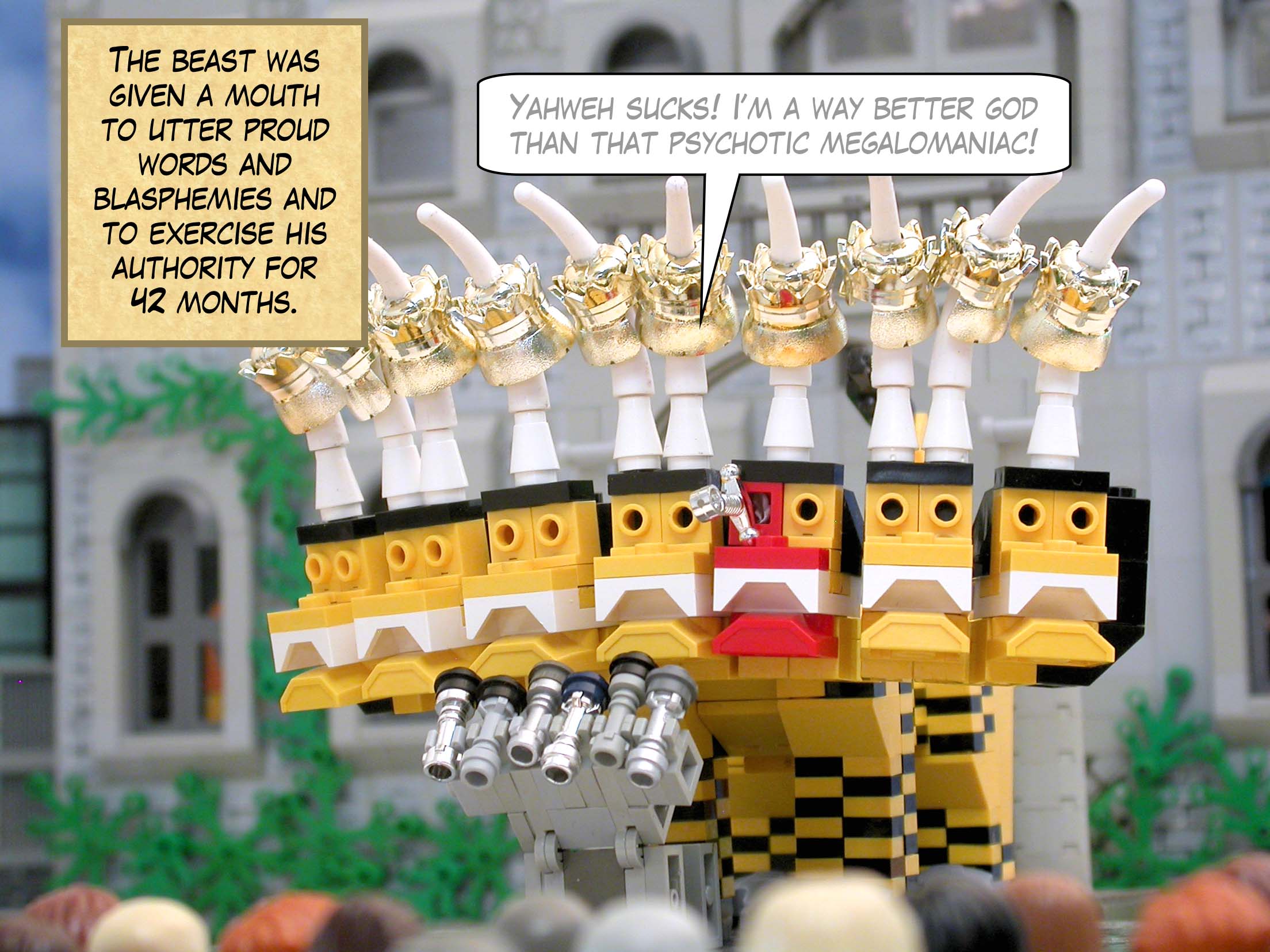 It opened his mouth to blaspheme against God, and to slander his name and his dwelling place and those who live in heaven.