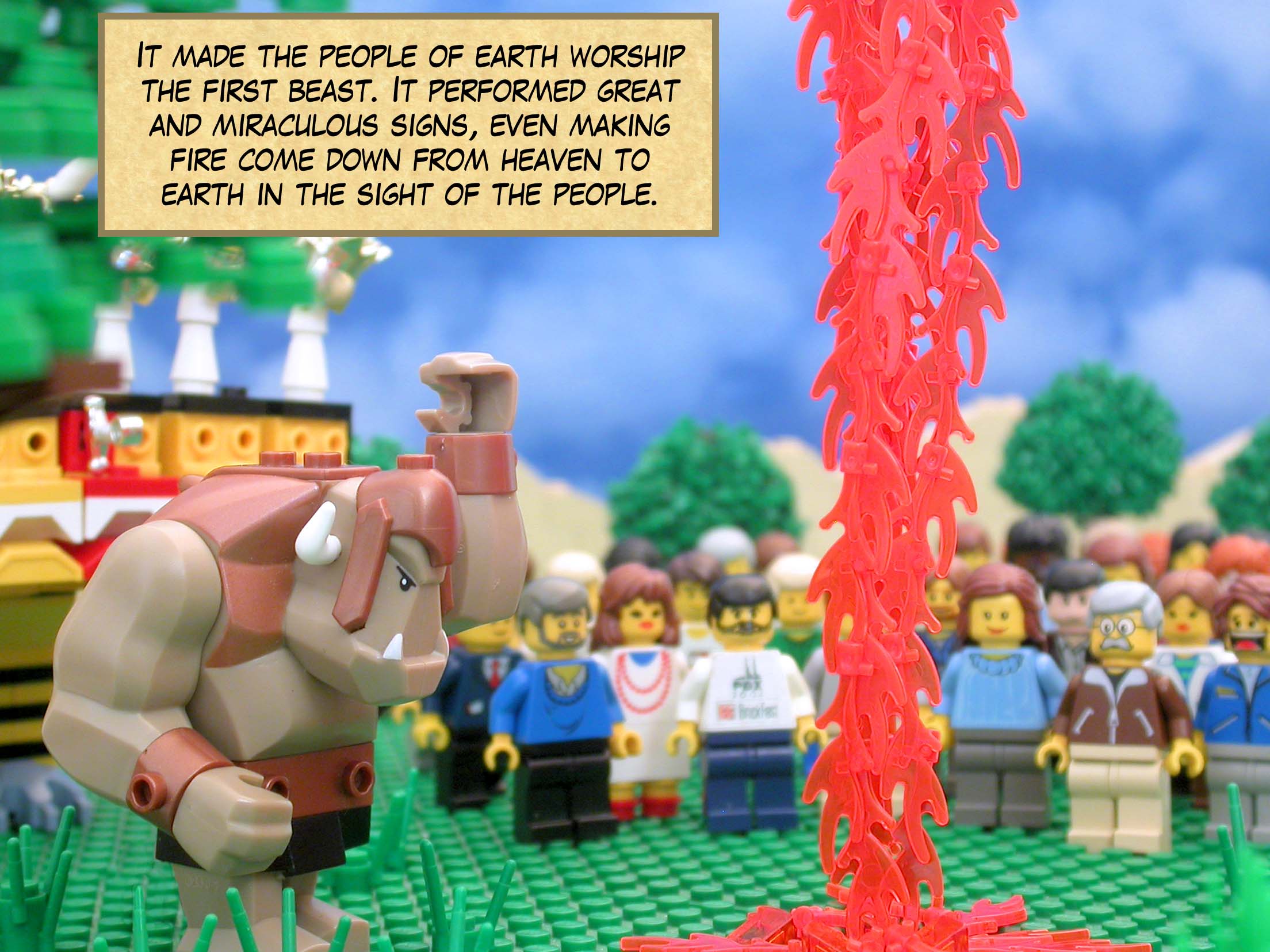 It made the people of earth worship the first beast. It performed great and miraculous signs, even making fire come down from heaven to earth in the sight of the people.