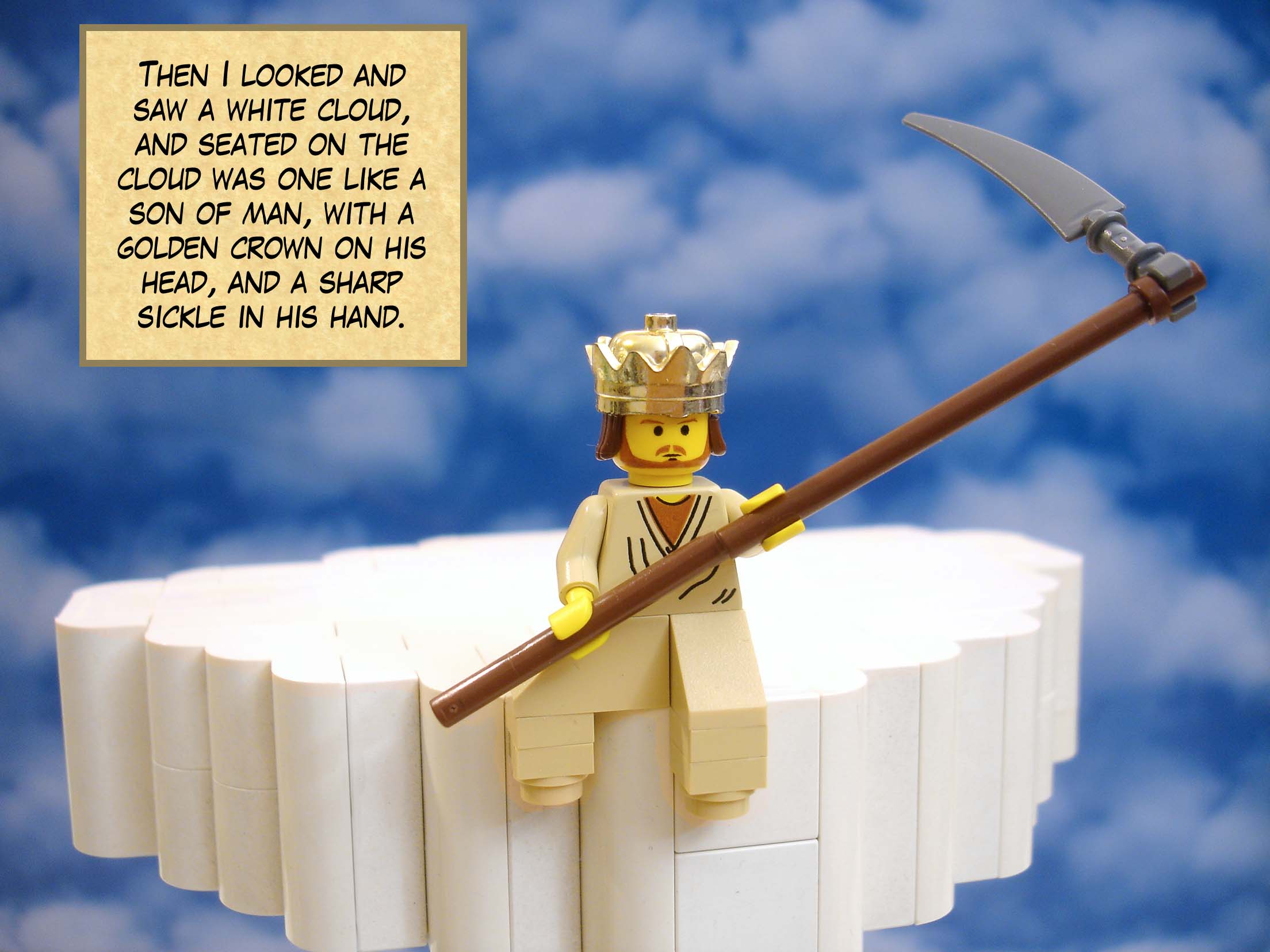 Then I looked and saw a white cloud, and seated on the cloud was one like a son of man, with a golden crown on his head, and a sharp sickle in his hand.