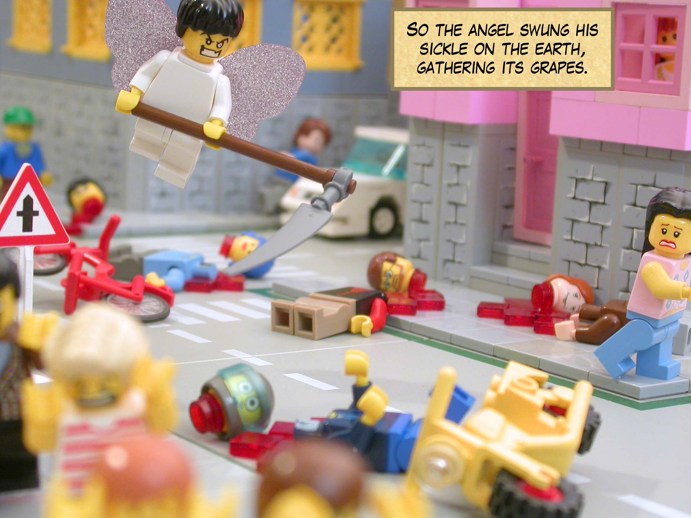 So the angel swung his sickle on the earth, gathering its grapes.