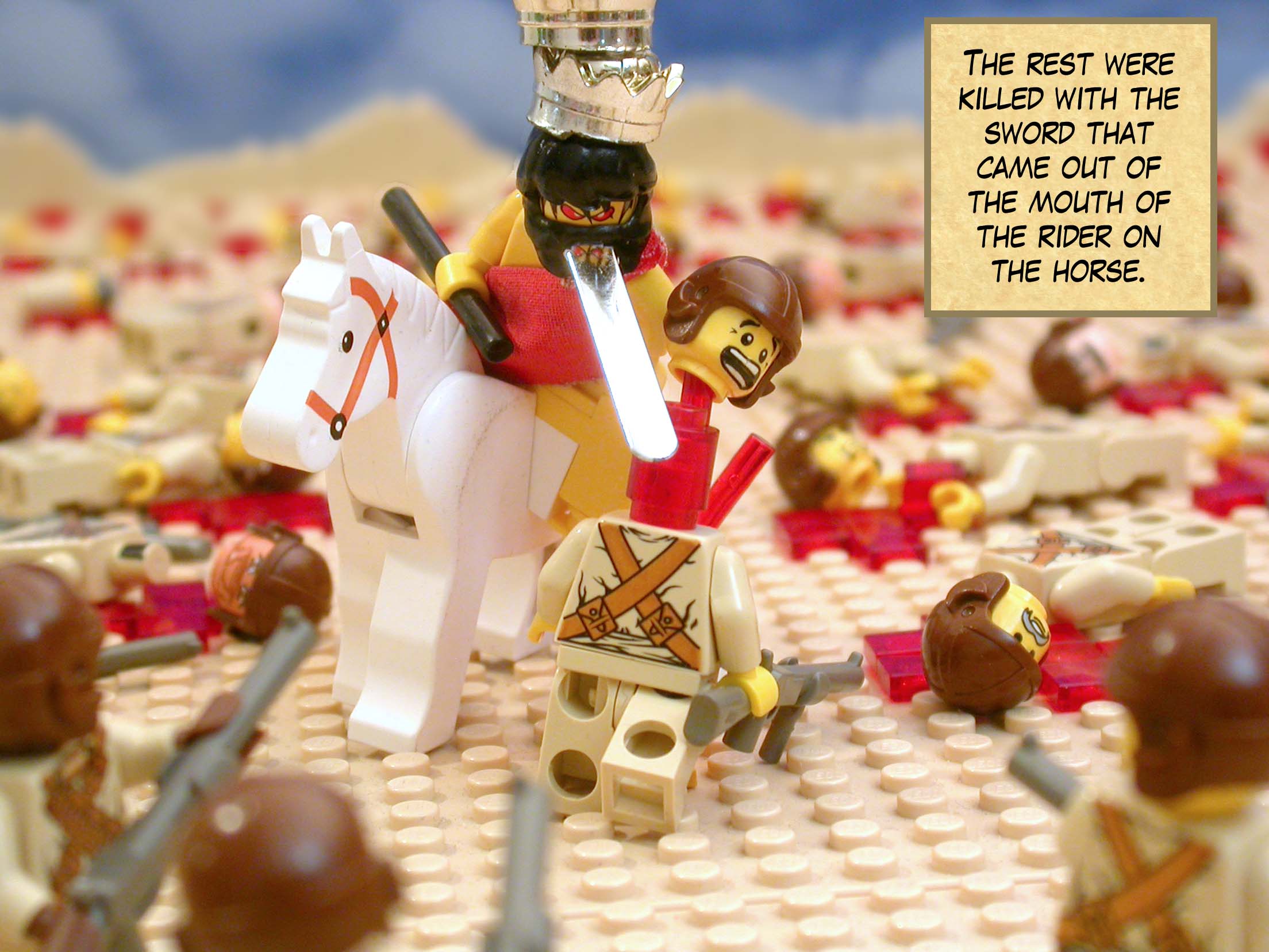 The rest were killed with the sword that came out of the mouth of the rider on the horse.