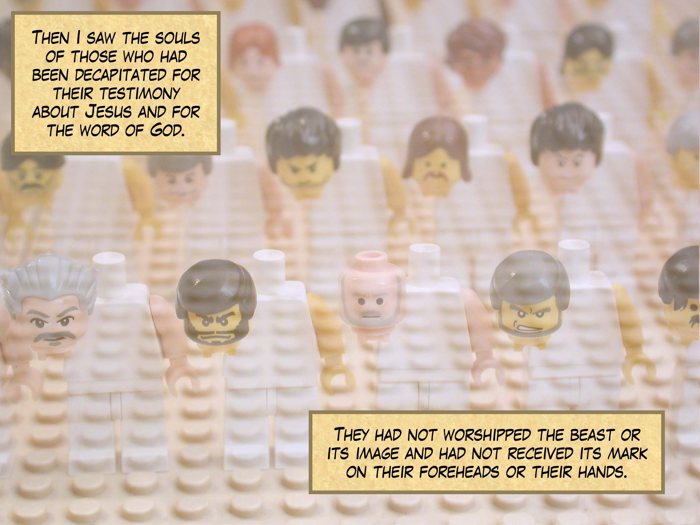 Then I saw the souls of those who had been decapitated for their testimony about Jesus and for the word of God. They had not worshipped the beast or its image and had not received its mark on their foreheads or their hands.