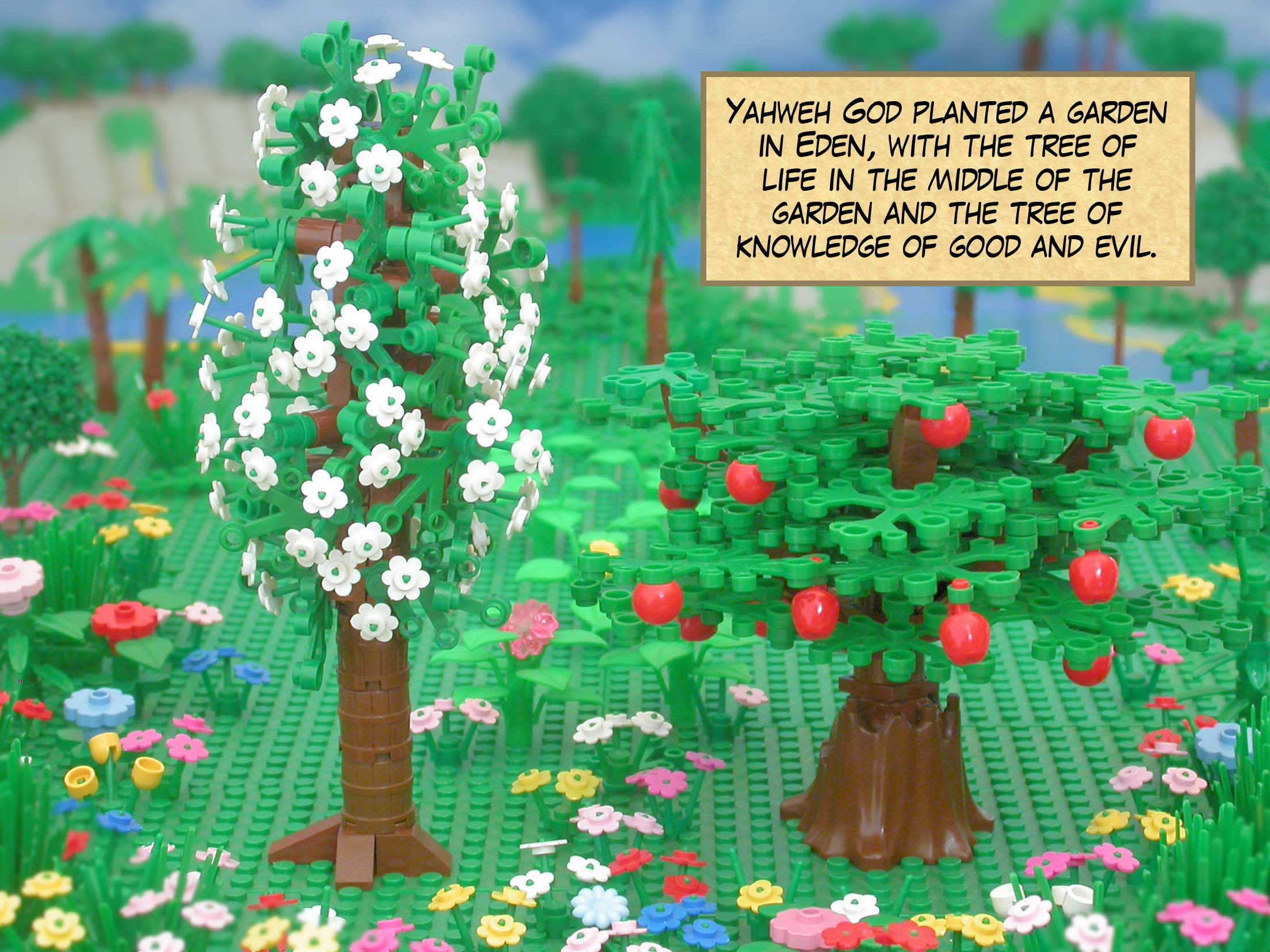 Yahweh God planted a garden in Eden, with the tree of life in the middle of the garden and the tree of knowledge of good and evil.