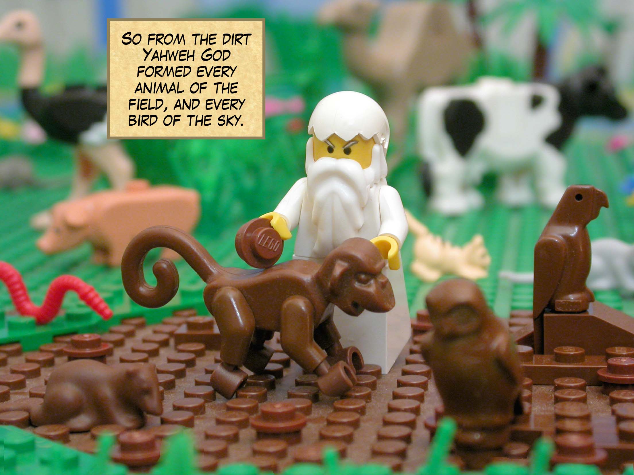 So from the dirt Yahweh God formed every animal of the field, and every bird of the sky.