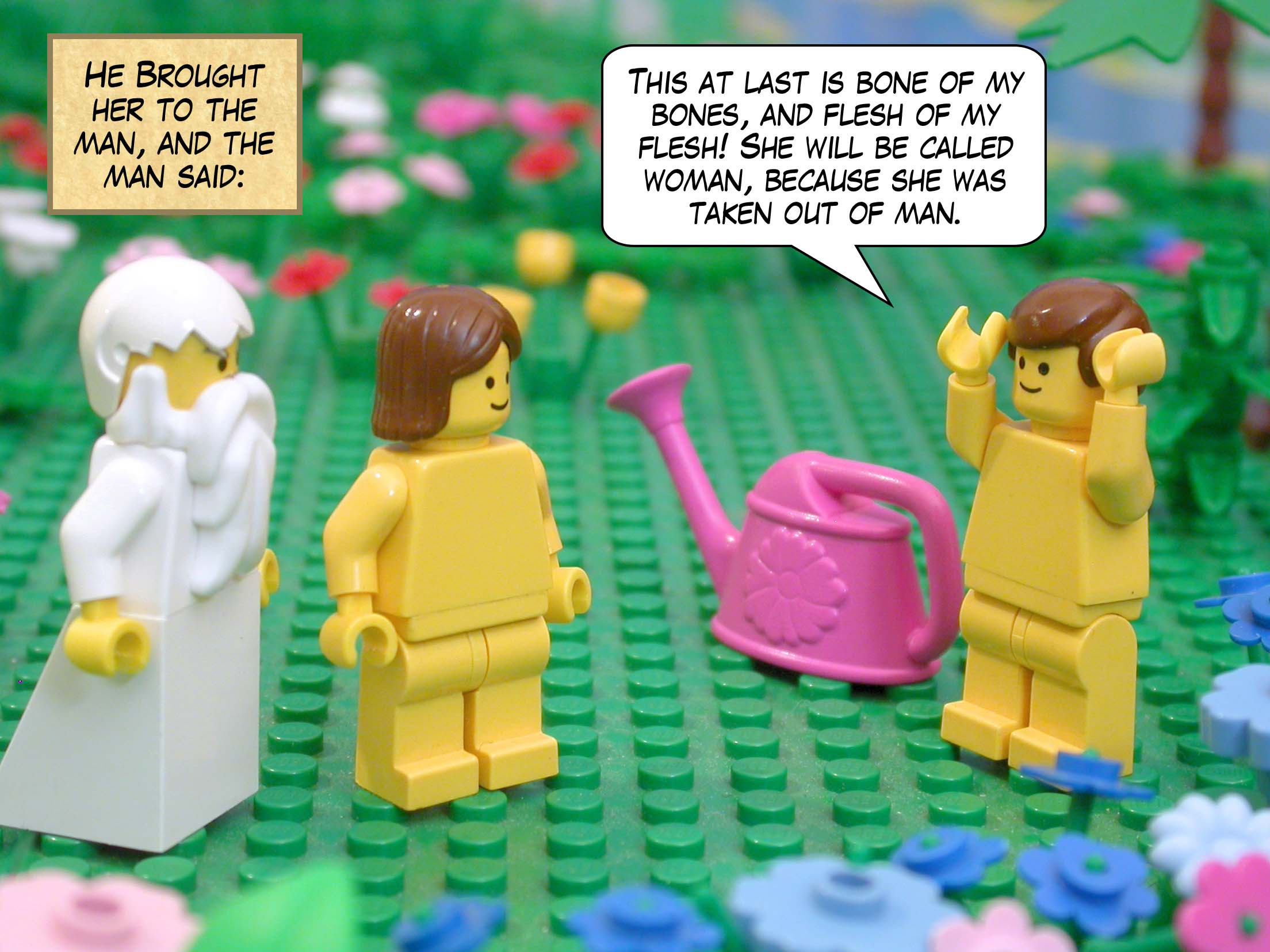 He brought her to the man, and the man said: This at last is bone of my bones, and flesh of my flesh! She will be called woman, because she was taken out of man.