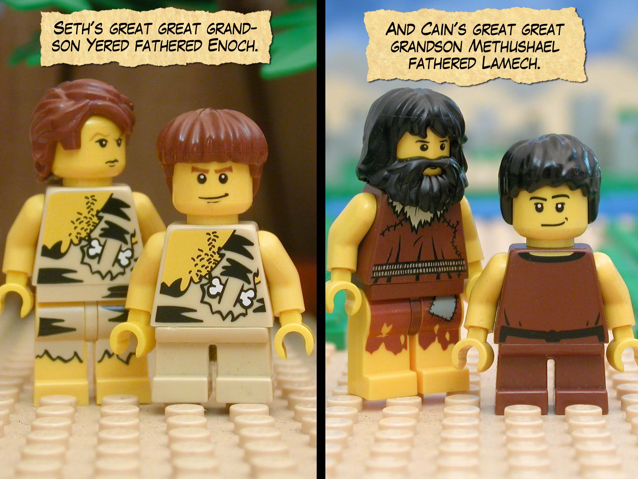 Seth's great great grandson Yered fathered Enoch.  And Cain's great great grandson Methushael fathered Lamech.