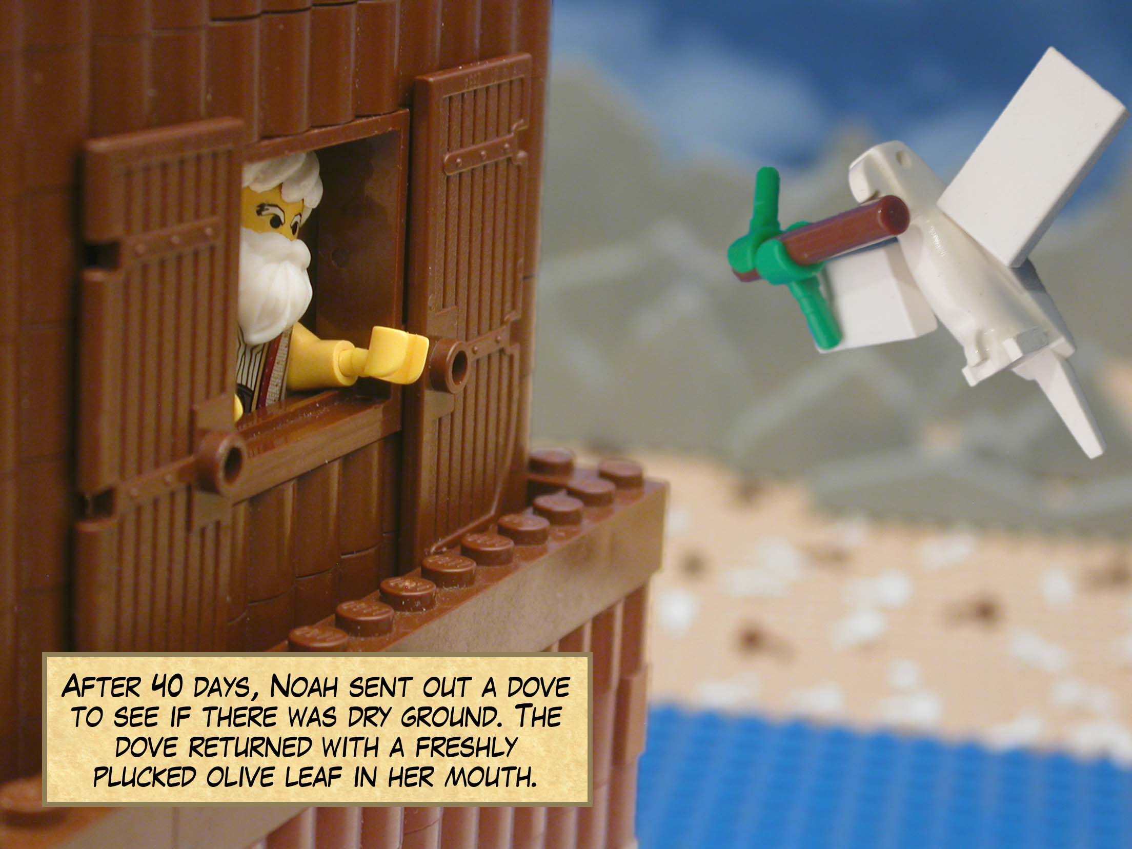 After 40 days, Noah sent out a dove to see if there was dry ground. The dove returned with a freshly plucked olive leaf in her mouth.