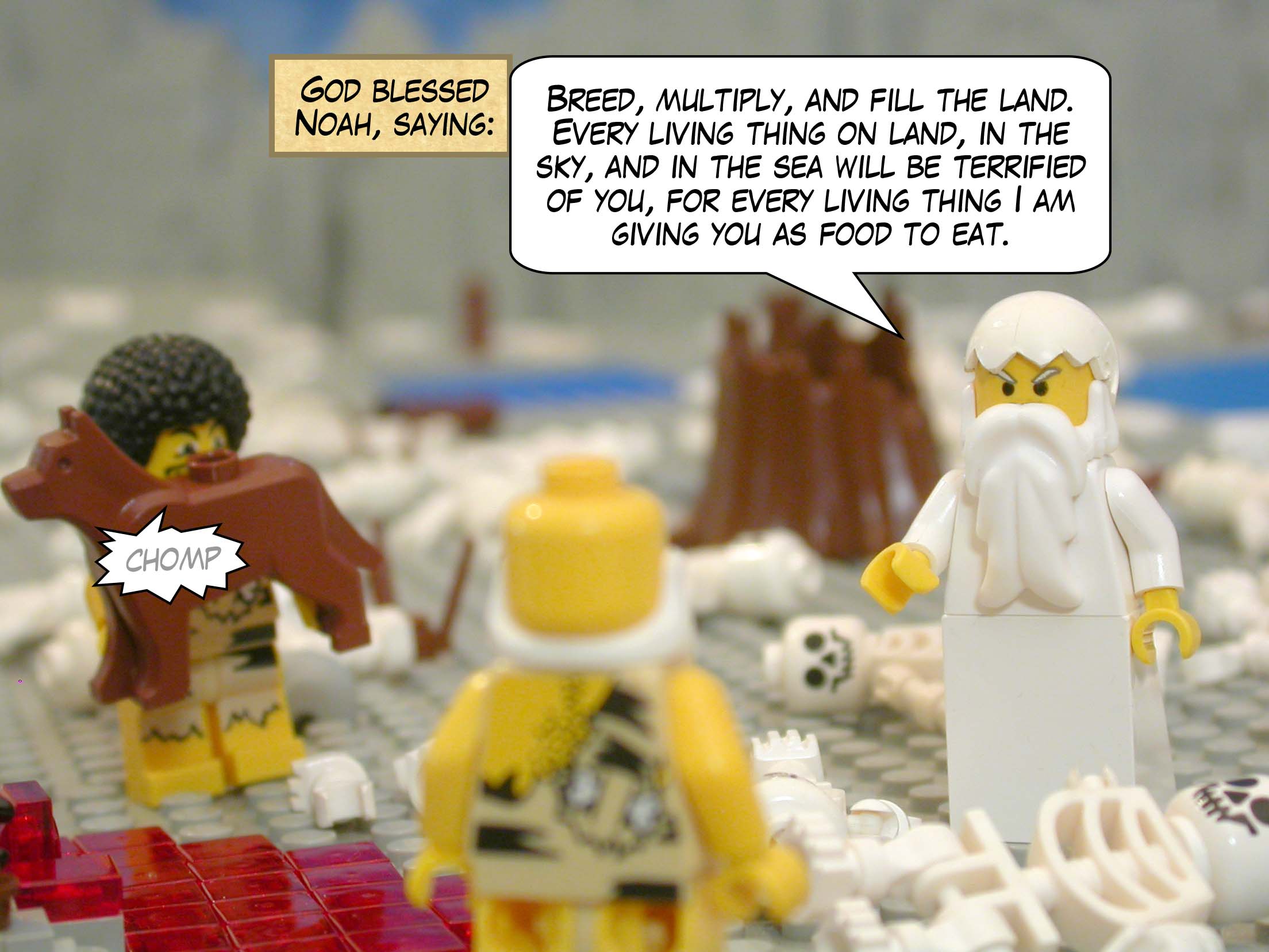 God blessed Noah, saying, "Breed, multiply, and fill the land.  Every living thing on land, in the sky, and in the sea will be terrified of you, for every living thing I am giving you as food to eat."