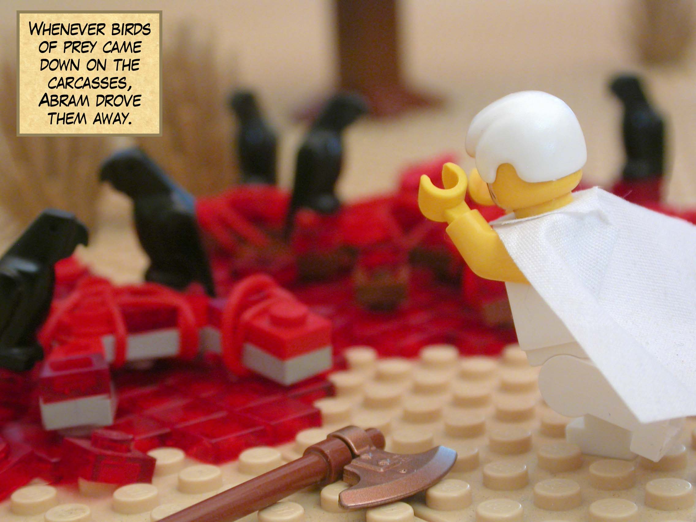 Whenever birds of prey came down on the carcasses, Abram drove them away.