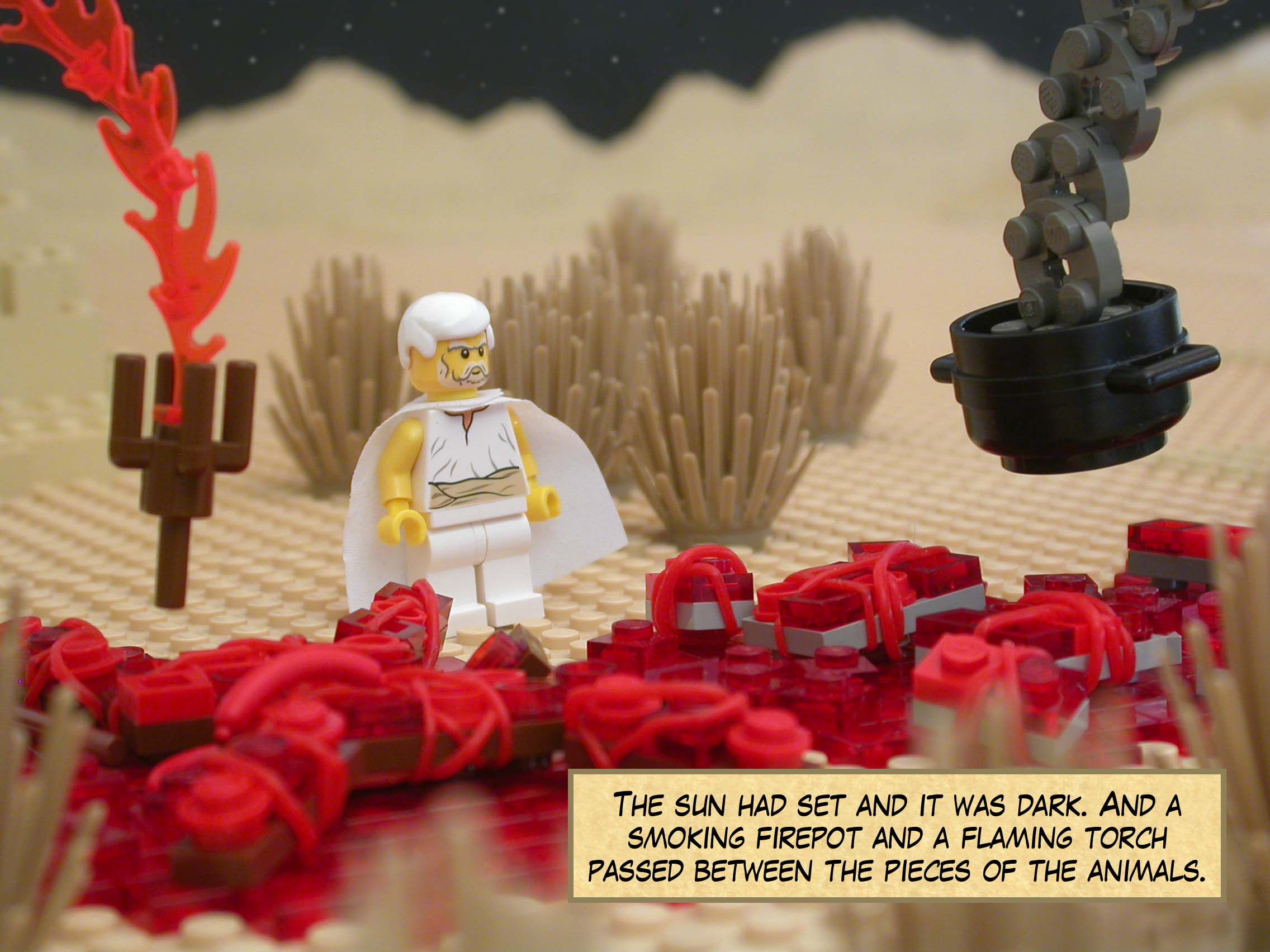 The sun had set and it was dark. And a smoking firepot and a flaming torch passed between the pieces of the animals.