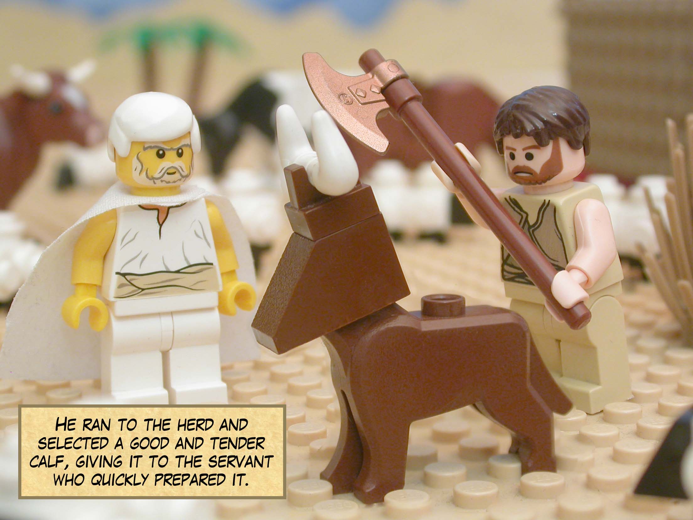 He ran to the herd and selected a good and tender calf, giving it to the servant who quickly prepared it.