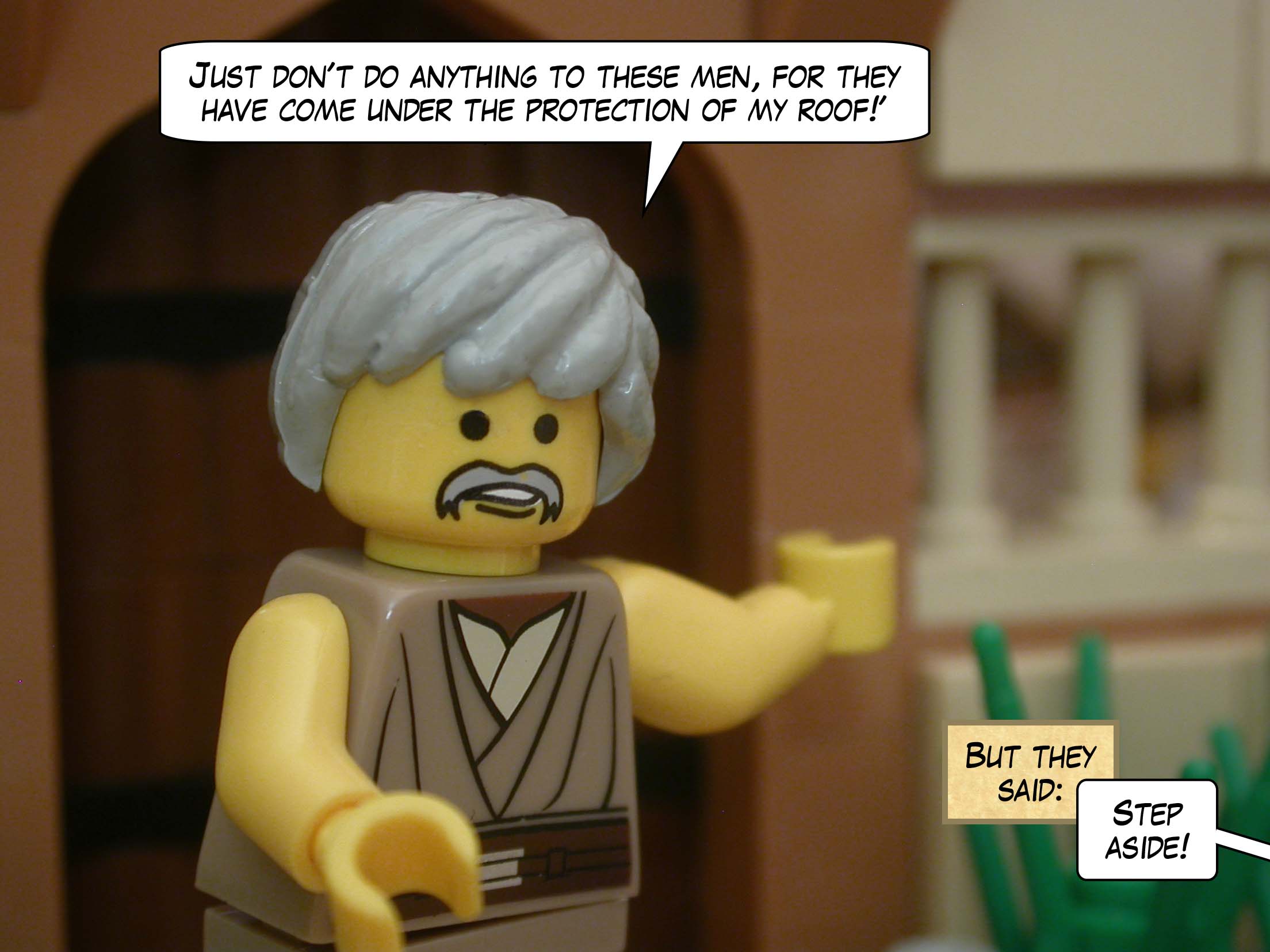 "Just don't do anything to these men, for they have come under the protection of my roof!" said Lot. But they said, "Step aside!"