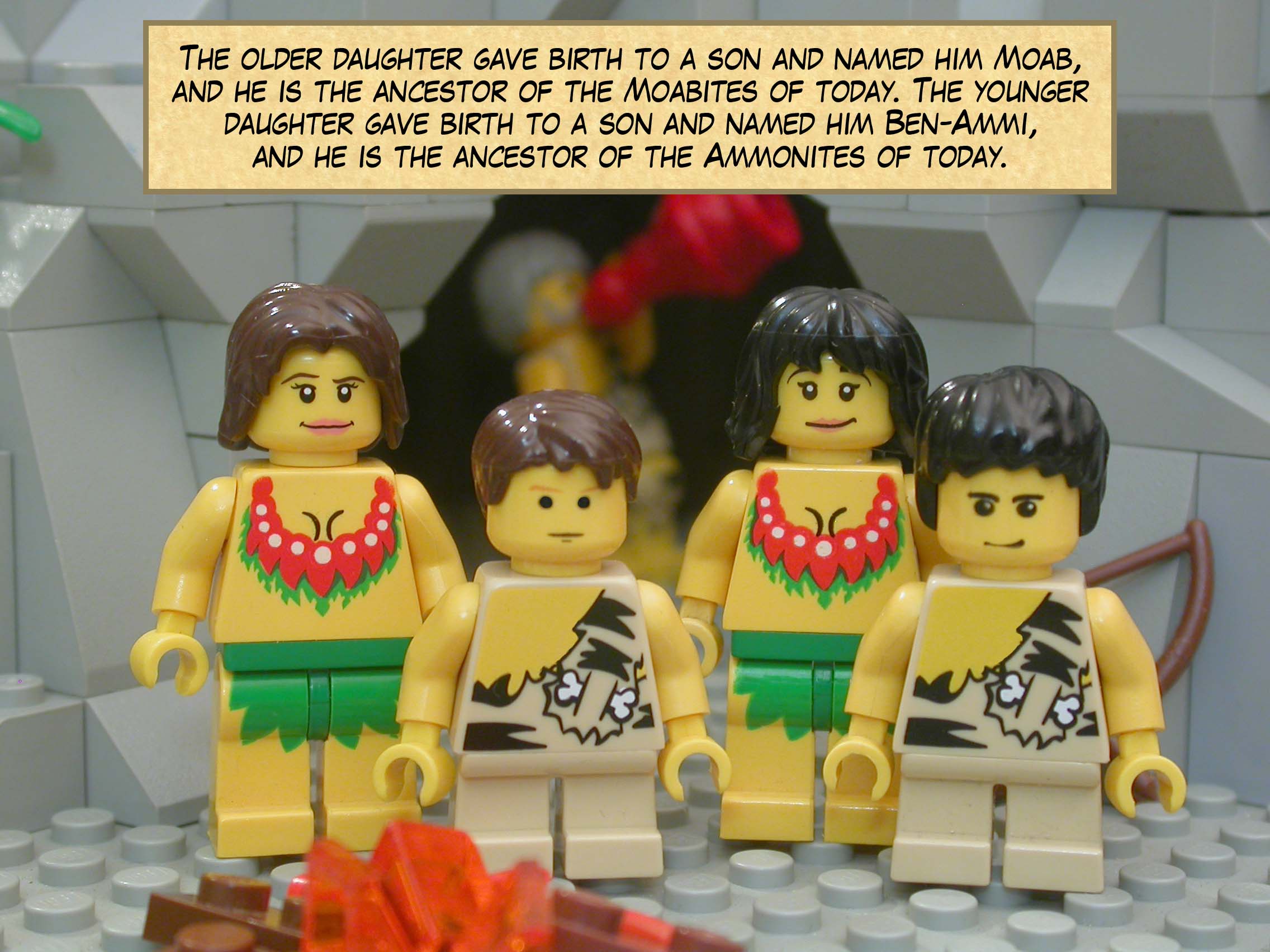 The older daughter gave birth to a son and named him Moab, and he is the ancestor of the Moabites of today. The younger daughter gave birth to a son and named him Ben-Ammi, and he is the ancestor of the Ammonites of today.