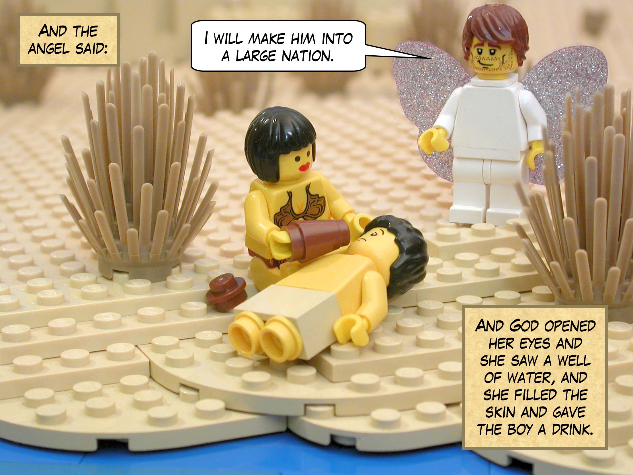 "I will make him into a large nation." And God opened her eyes and she saw a well of water, and she filled the skin and gave the boy a drink.