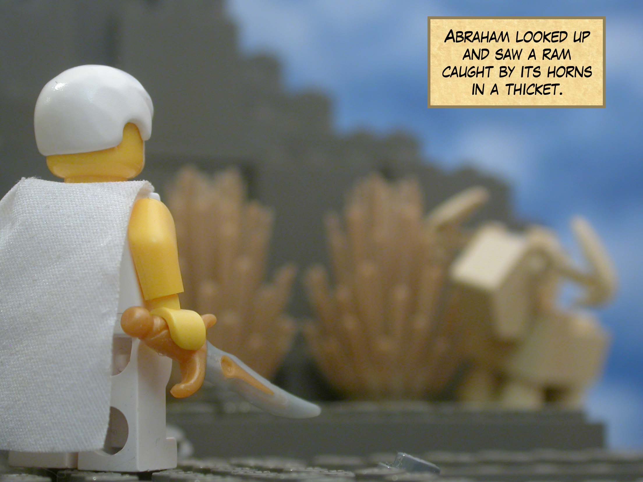 Abraham looked up and saw a ram caught by its horns in a thicket.