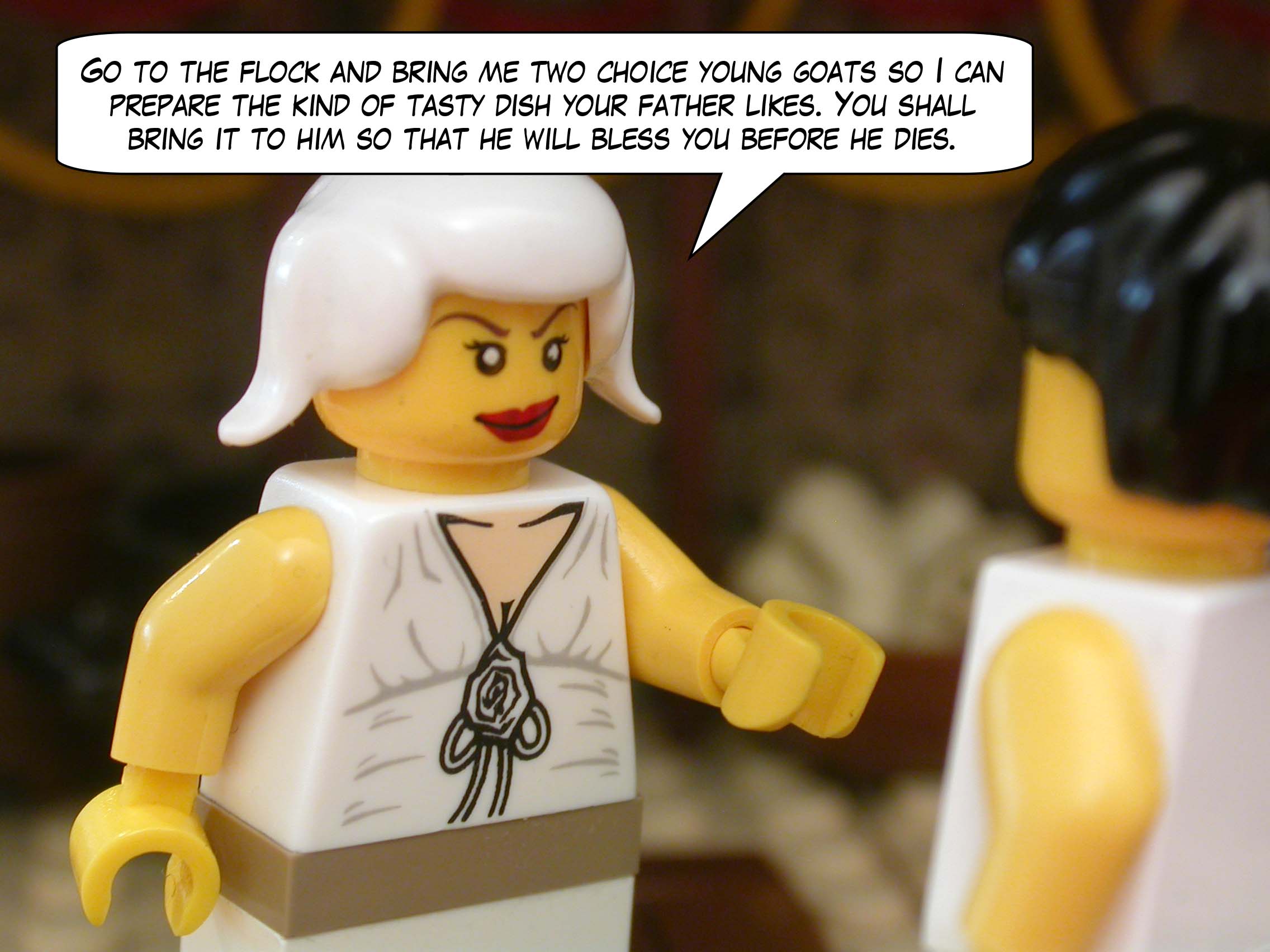 "Go to the flock and bring me two choice young goats so I can prepare the kind of tasty dish your father likes. You shall bring it to him so that he will bless you before he dies."