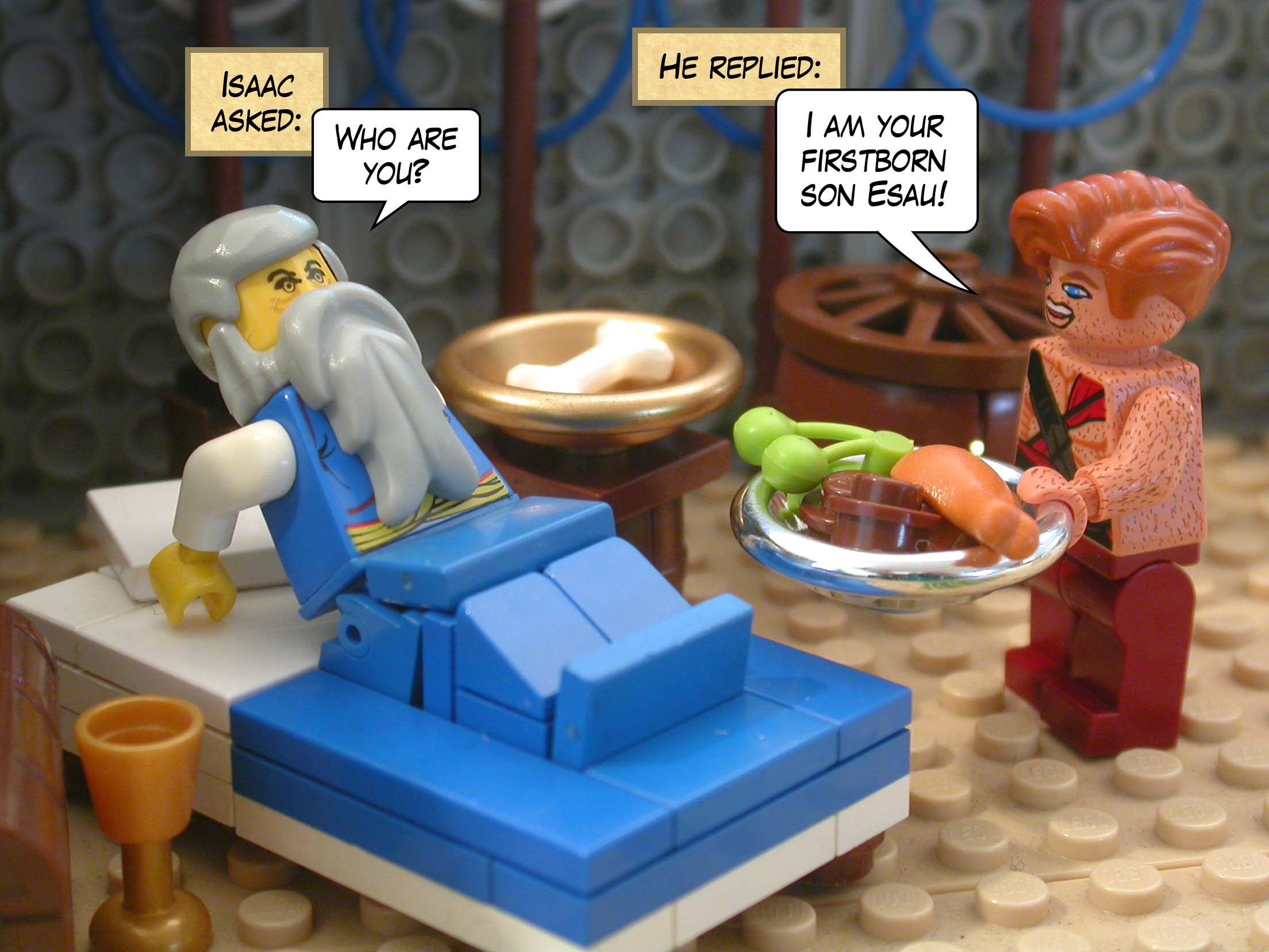 Isaac asked, "Who are you?" And Esau replied, "I am your firstborn son Esau!"