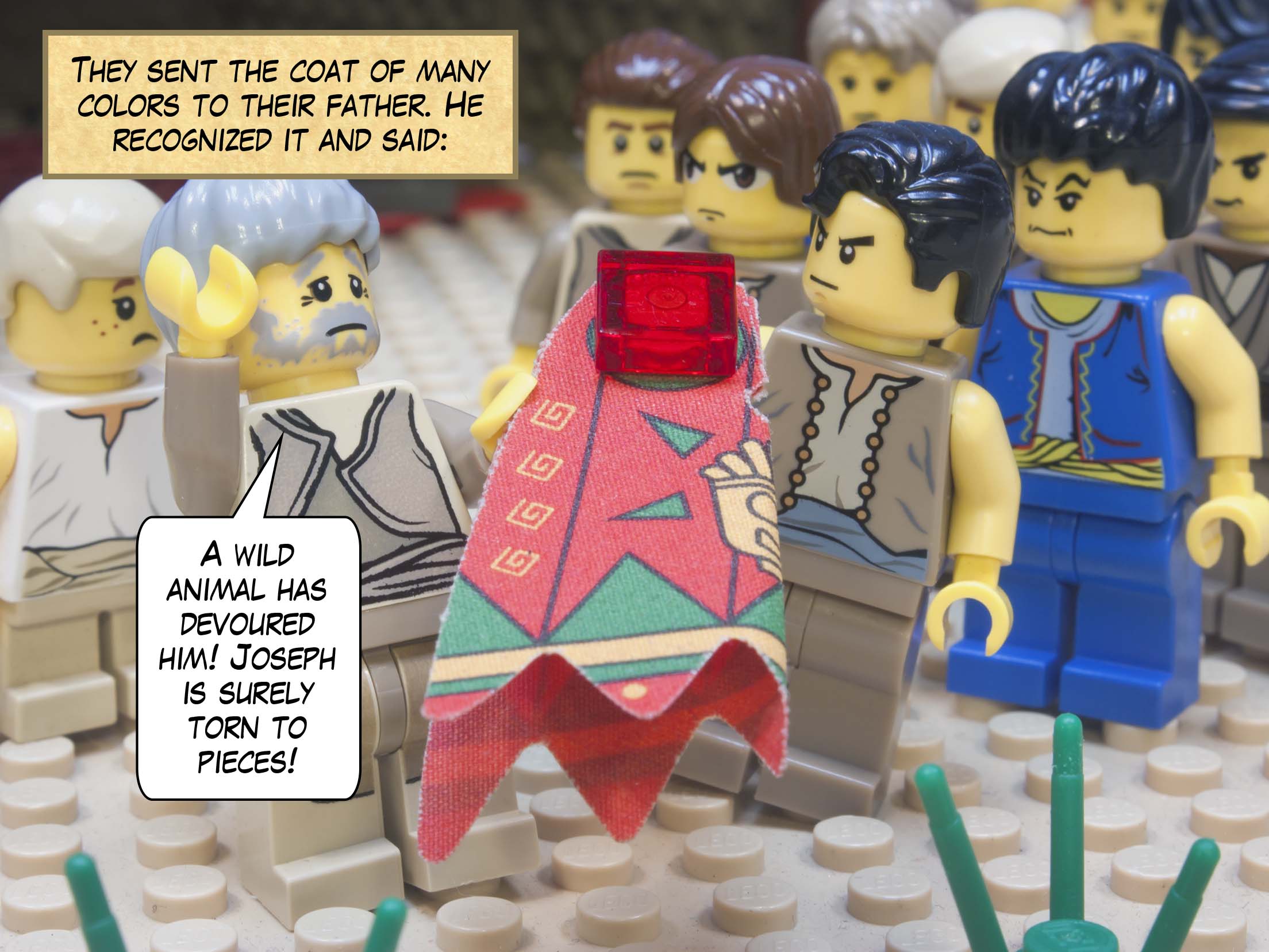 They sent the coat of many colors to their father. He recognized it and said, "A wild animal has devoured him! Joseph is surely torn to pieces!"