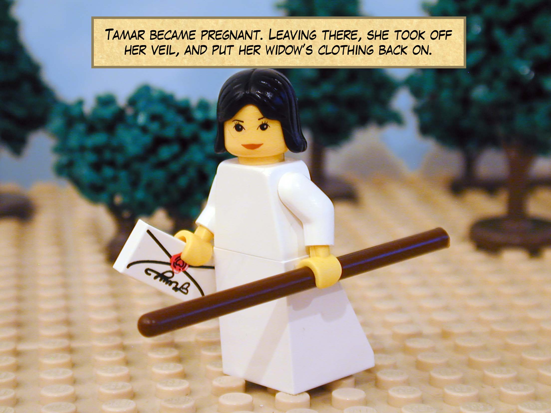 Tamar became pregnant.  Leaving there, she took off her veil, and put her widow’s clothing back on.