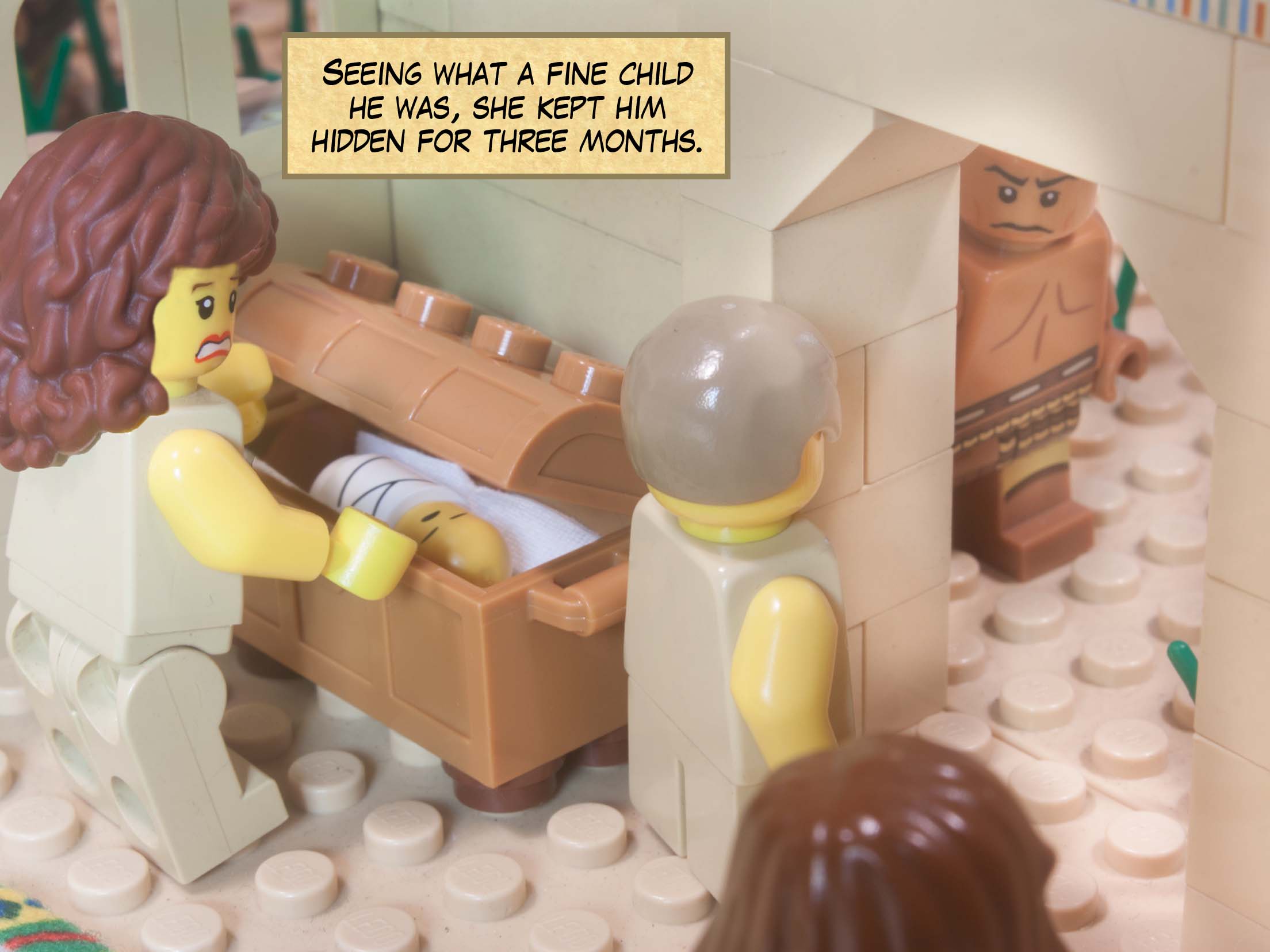 Seeing what a fine child he was, she kept him hidden for three months.