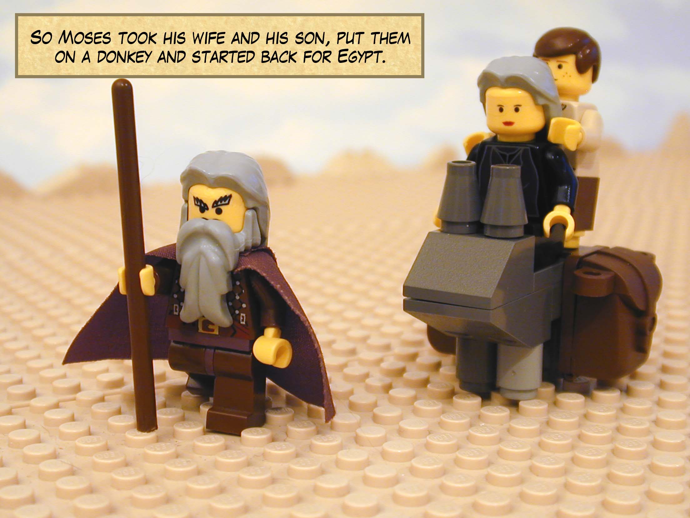 So Moses took his wife and his son, put them on a donkey and started back for Egypt.